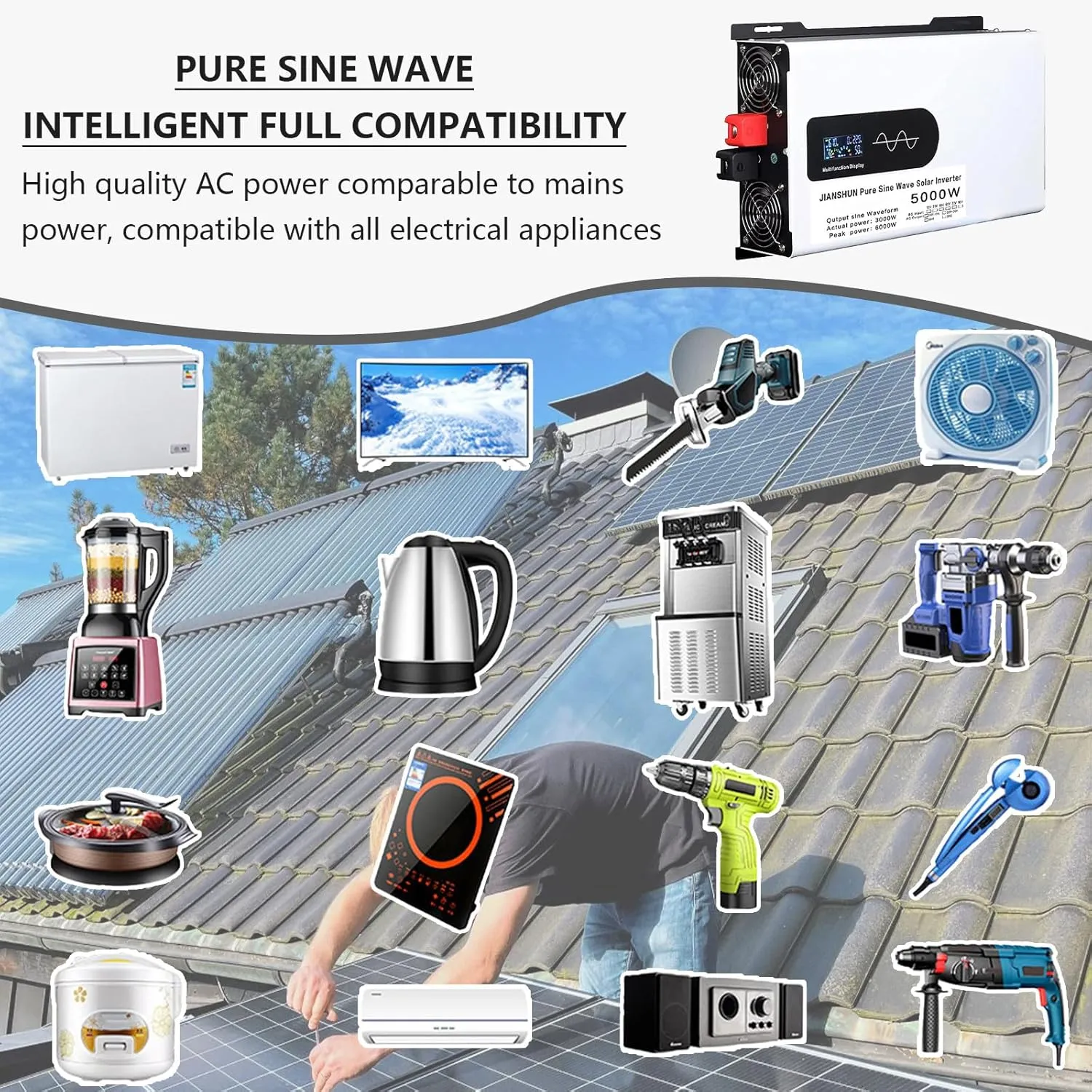 Hybrid Solar Inverter,DC 12V 24V 48V 60V to 110V/220V AC Split Phase Inverter with Pure Sine Wave Inverter,Parallel inverters,for Home Energy Storage,6000W-12V