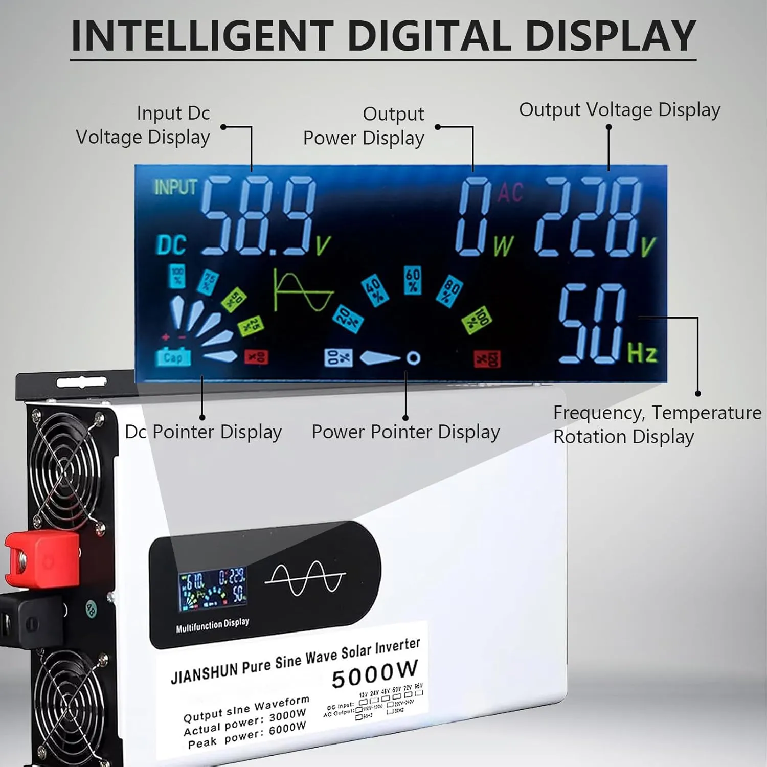 Hybrid Solar Inverter,DC 12V 24V 48V 60V to 110V/220V AC Split Phase Inverter with Pure Sine Wave Inverter,Parallel inverters,for Home Energy Storage,6000W-12V