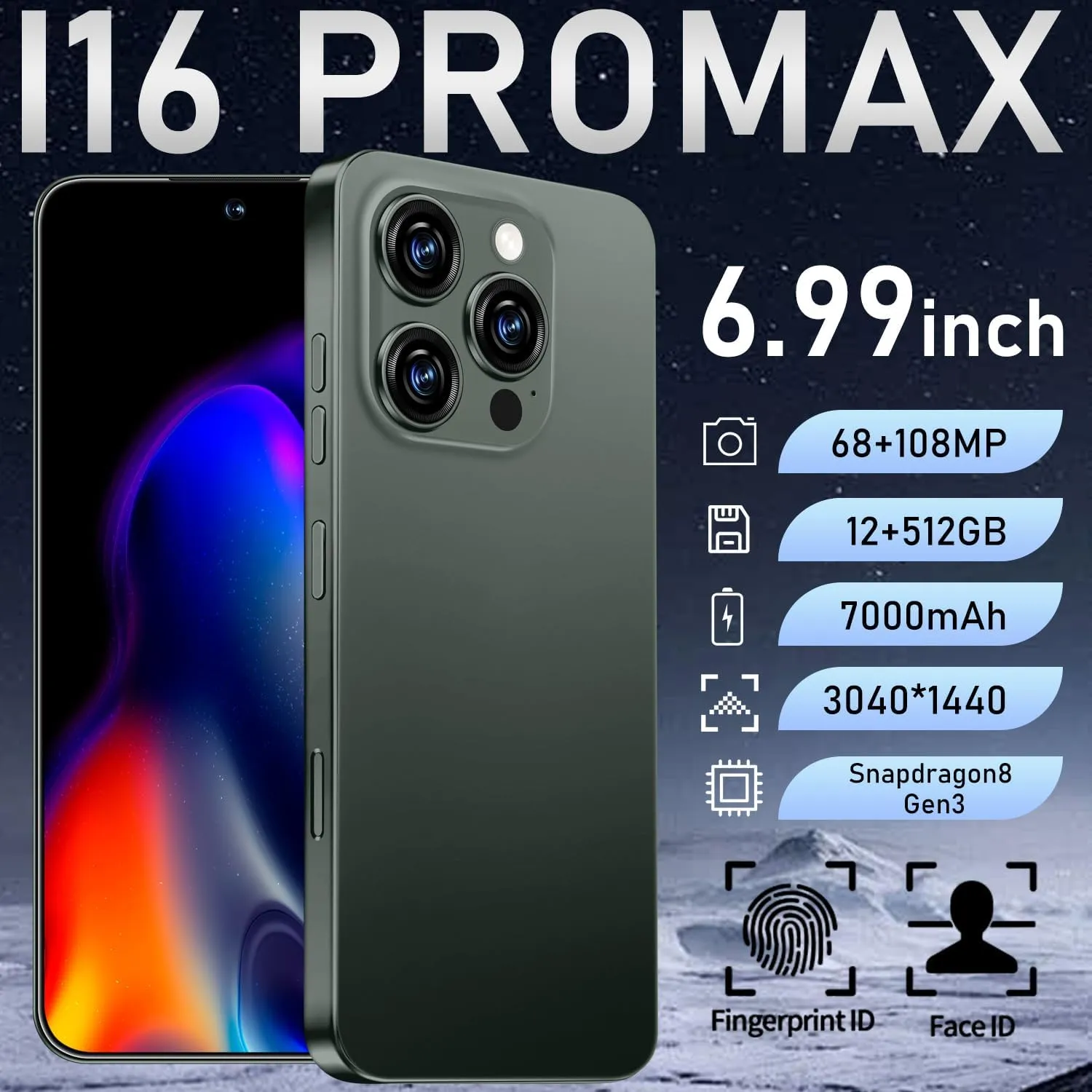 I16 PROMAX Unlocked Phone, 6.99inch Cell Phone with Android 13 12GB 512GB 7000mAh Long Battery Life, HD Screen Smartphone with Dual SIM, Fingerprint Lock, Face ID, Photos 5G Phone (Deep Green)