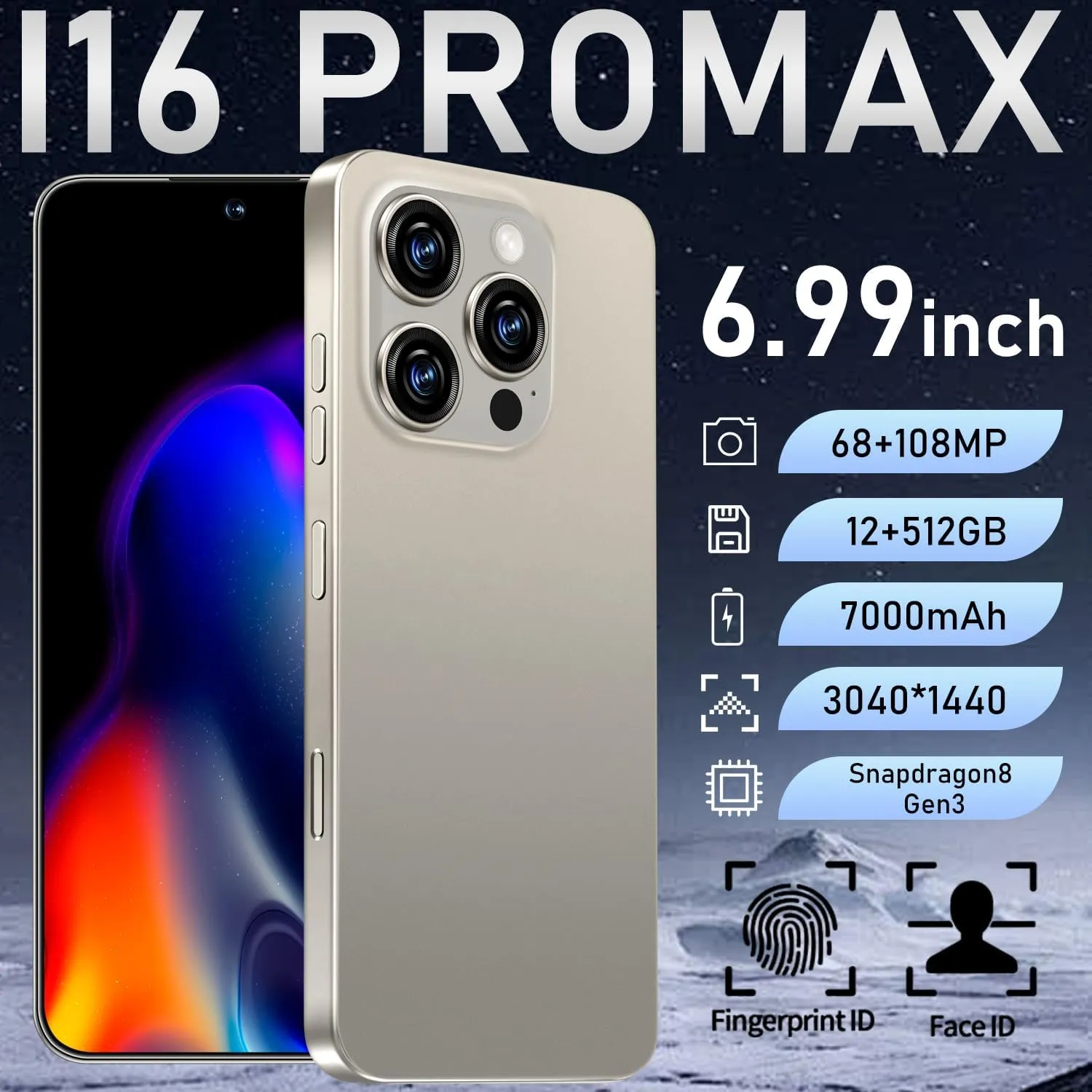 I16 PROMAX Unlocked Phone, 6.99inch Cell Phone with Android 13 12GB 512GB 7000mAh Long Battery Life, HD Screen Smartphone with Dual SIM, Fingerprint Lock, Face ID, Photos 5G Phone (Gray)