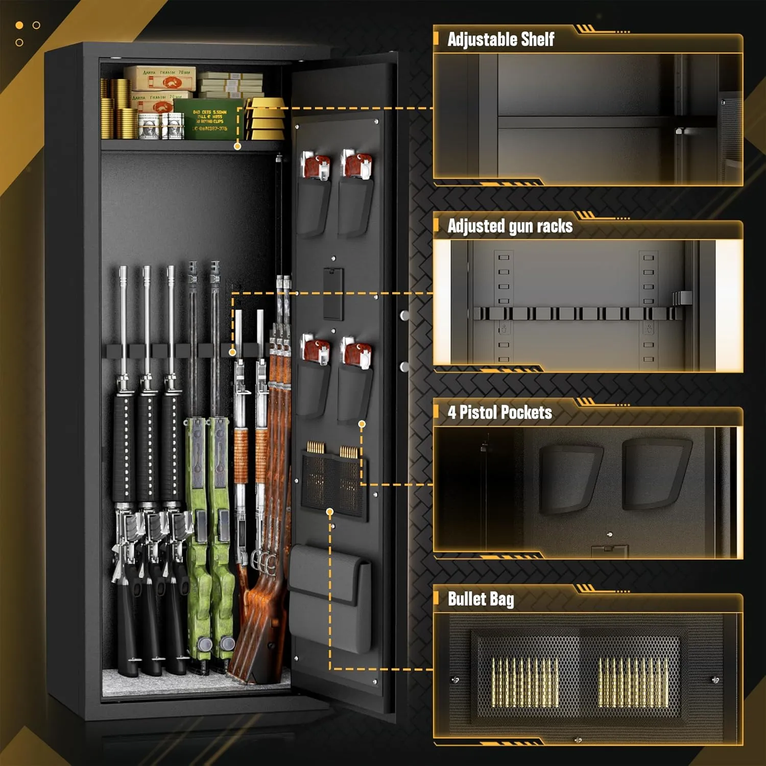 INTERGREAT 12-14 Gun Safe for Home Rifle and Pistols, Gun Safe for Pistol and Shotguns with Digital Kaypad, Long Gun Cabinet with Multifunction Lock, 3 Adjustable Shelves,Pockets