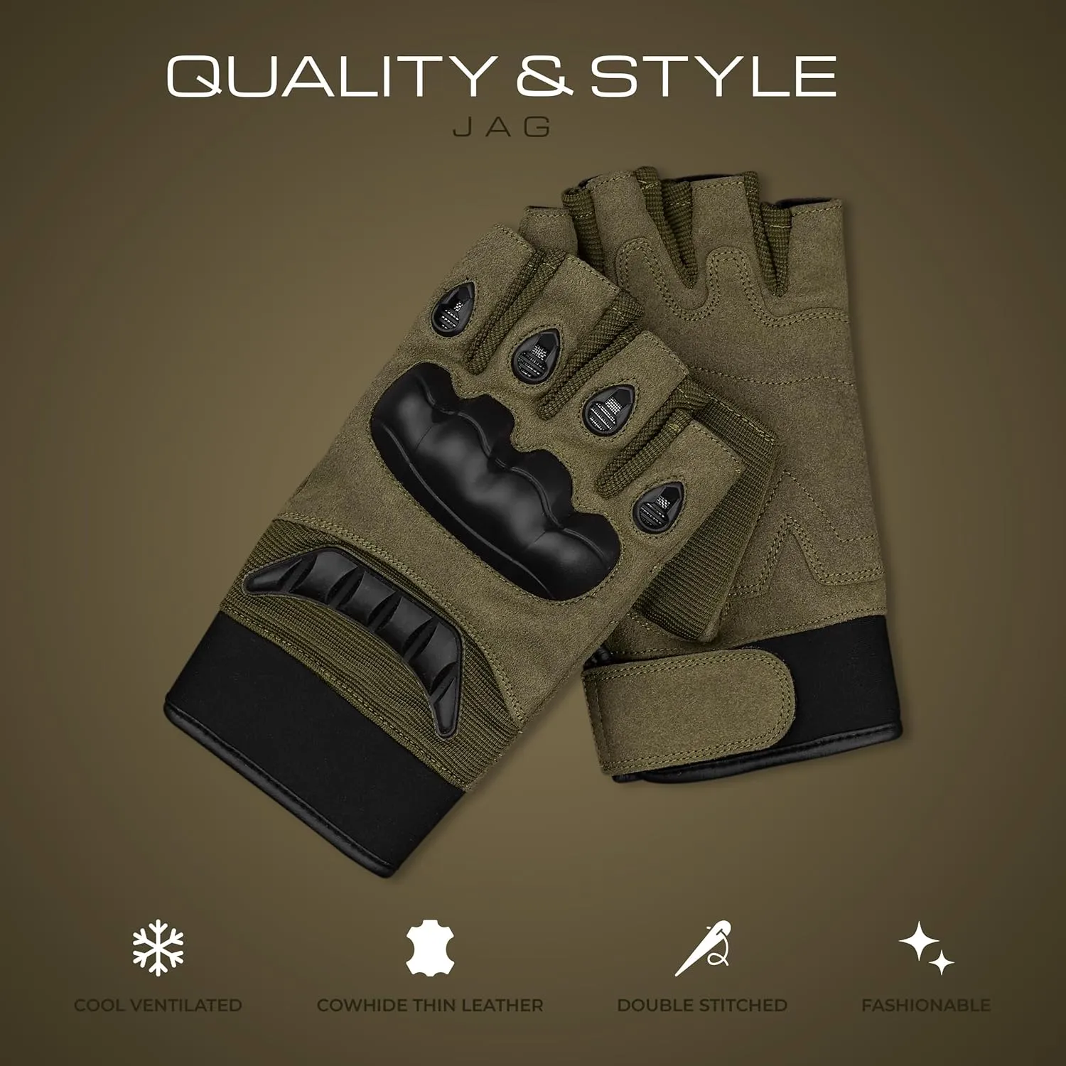 J.A.G. Fingerless Tactical Gloves for Men - Hard Knuckle Motorcycle Airsoft Gloves | Half Finger Padded Gloves for Cycling, Hiking, Combat