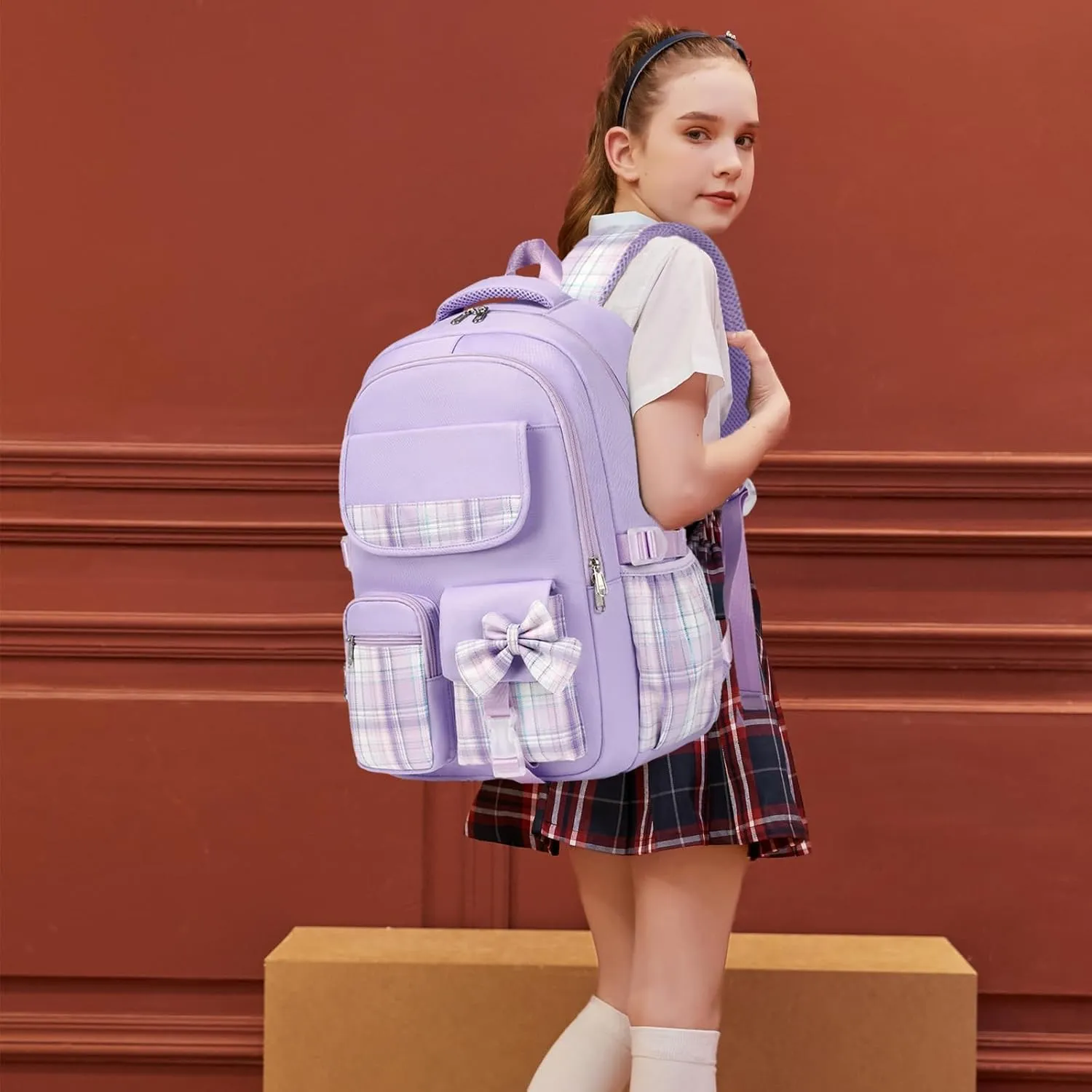 JIANYA Girls Backpack for School With Lunch Box, Elementary Bag for Kids, Bow/Purple