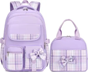 JIANYA Girls Backpack for School With Lunch Box, Elementary Bag for Kids, Bow/Purple