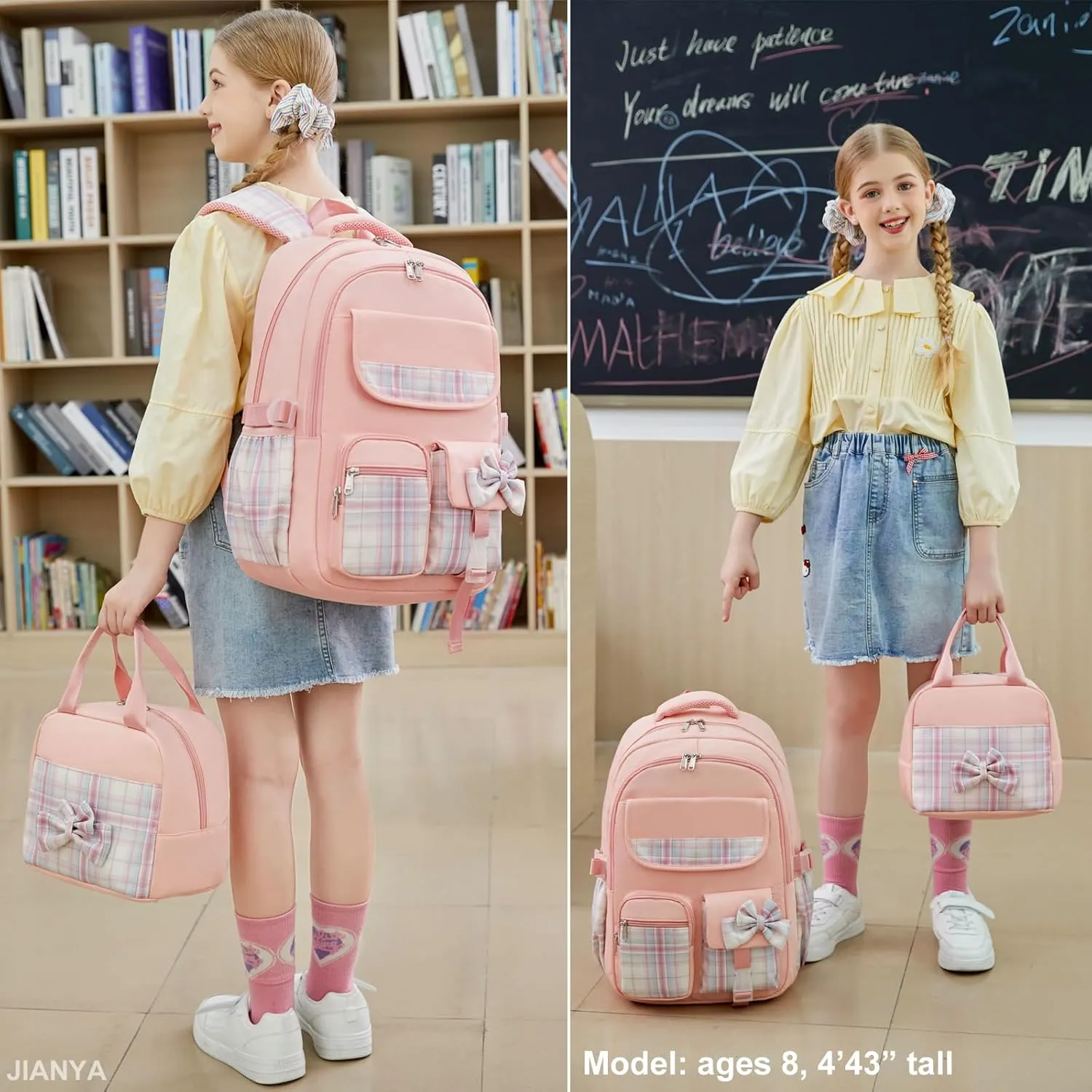 JIANYA Girls Backpack With Lunch Box for Elementary School, Bow/Pink
