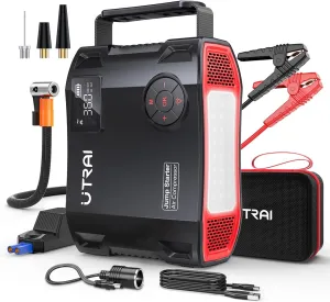 Jump Starter with Air Compressor, 6000A 27000mAh Car Battery Booster with 150PSI Tire Inflator, Car Jump Starter Portable Jump Box (All Gas/10L Diesel), DC160W, QC3.0 Jumper Cables, 1600LM Light
