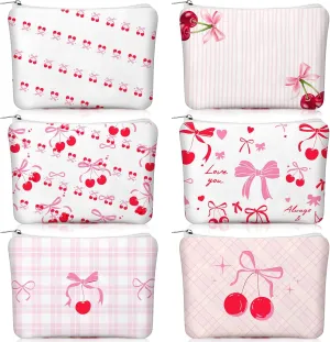Kacctyen 6 Pcs Coquette Cosmetic Bag Cherry Pink Bow Makeup Bag Cute Travel Preppy Canvas Cosmetic Small Pouch Aesthetic Gifts for Women Sister Friend