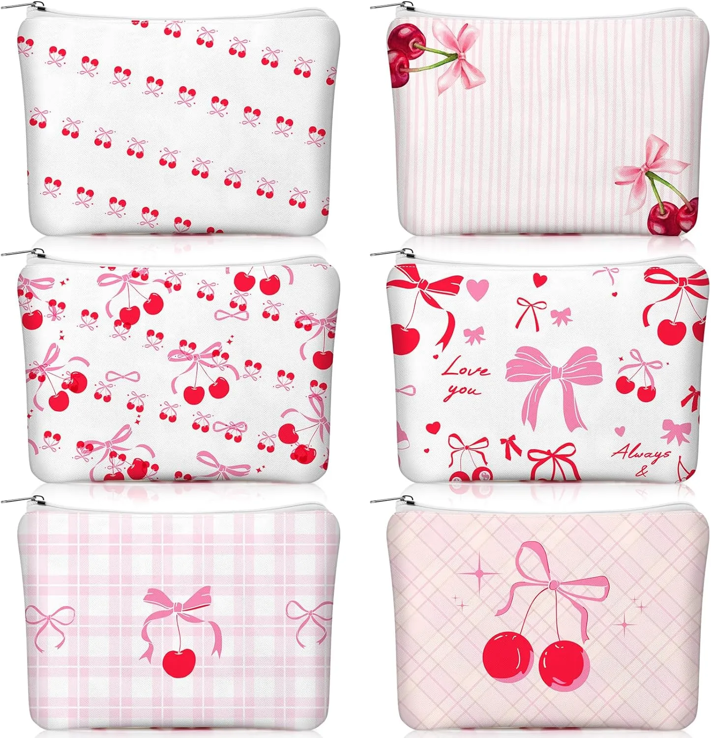 Kacctyen 6 Pcs Coquette Cosmetic Bag Cherry Pink Bow Makeup Bag Cute Travel Preppy Canvas Cosmetic Small Pouch Aesthetic Gifts for Women Sister Friend