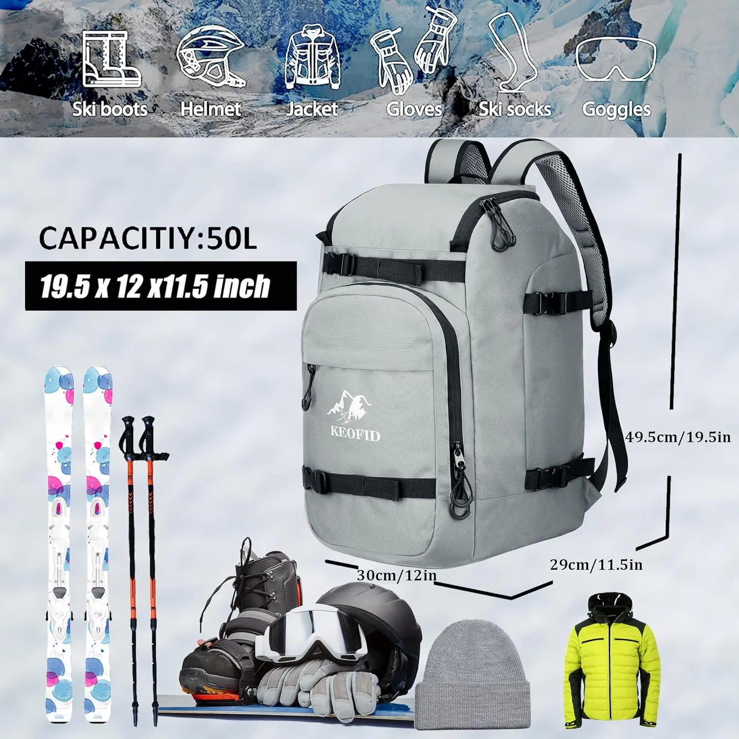 KEOFID 50L Ski Boot Bag Backpack, Waterproof Ski Bag, Travel Backpack for Ski Helmet, Snowboard
