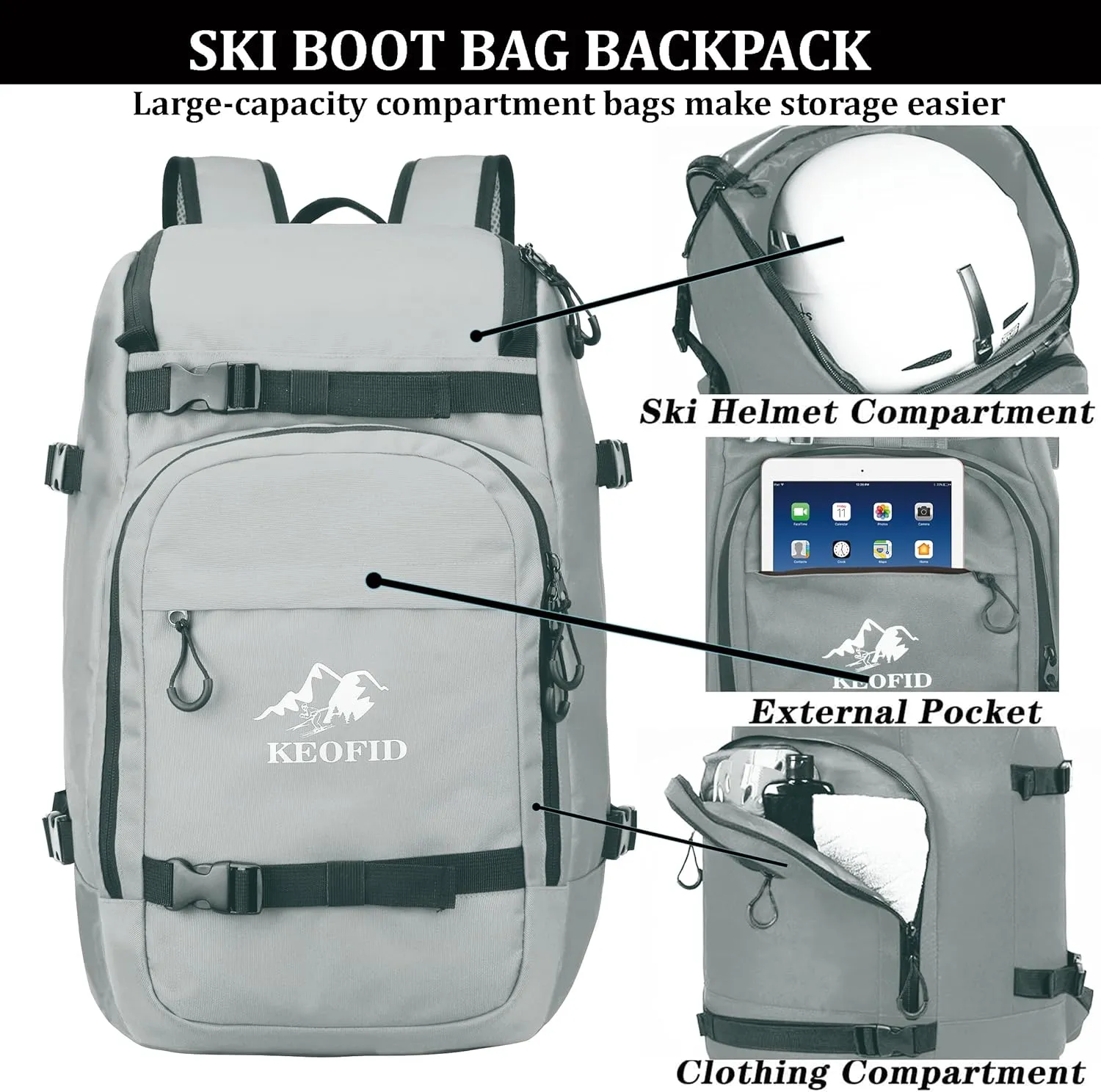 KEOFID 50L Ski Boot Bag Backpack, Waterproof Ski Bag, Travel Backpack for Ski Helmet, Snowboard