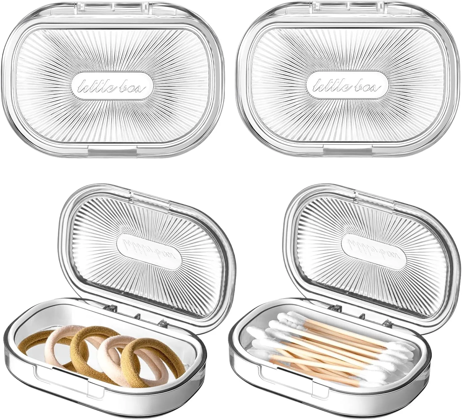 Kigley 4 Pcs Hair Tie Container Small Portable Travel Cotton Swab Holder Flosser Dispenser with Lid Plastic Box Beads Storage Containers for Small Items, 3.94 x 2.76 Inch (White)