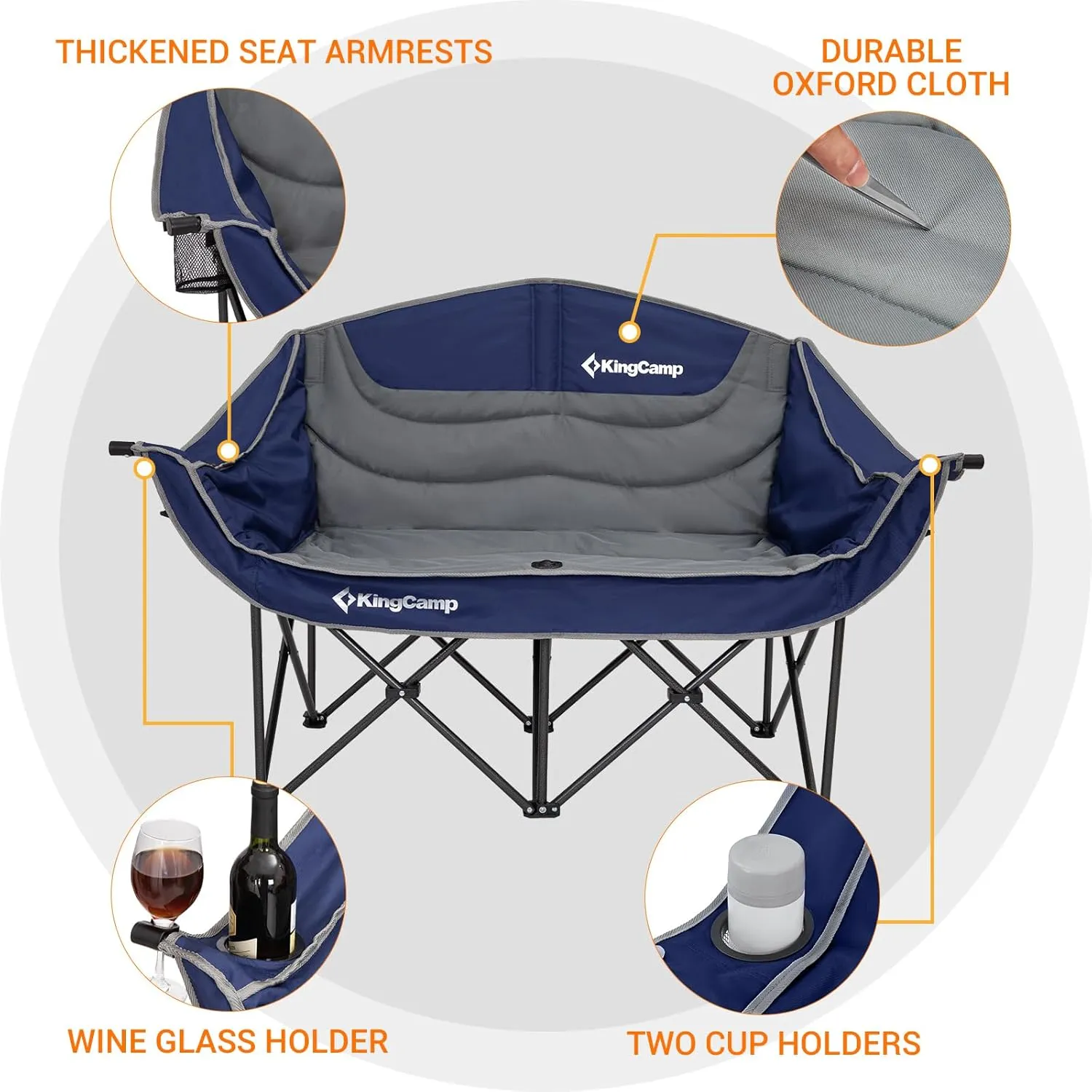 KingCamp Double Camping Chair, Oversized Heavy Duty Loveseat for Adults Portable Folding XL 2 Person Couch Padded Comfortable Two Seat with Cup Holder for Outdoor Lawn Backyard