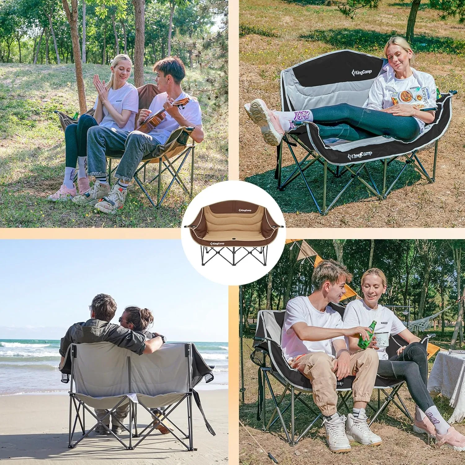 KingCamp Double Camping Chair, Oversized Heavy Duty Loveseat for Adults Portable Folding XL 2 Person Couch Padded Comfortable Two Seat with Cup Holder for Outdoor Lawn Backyard