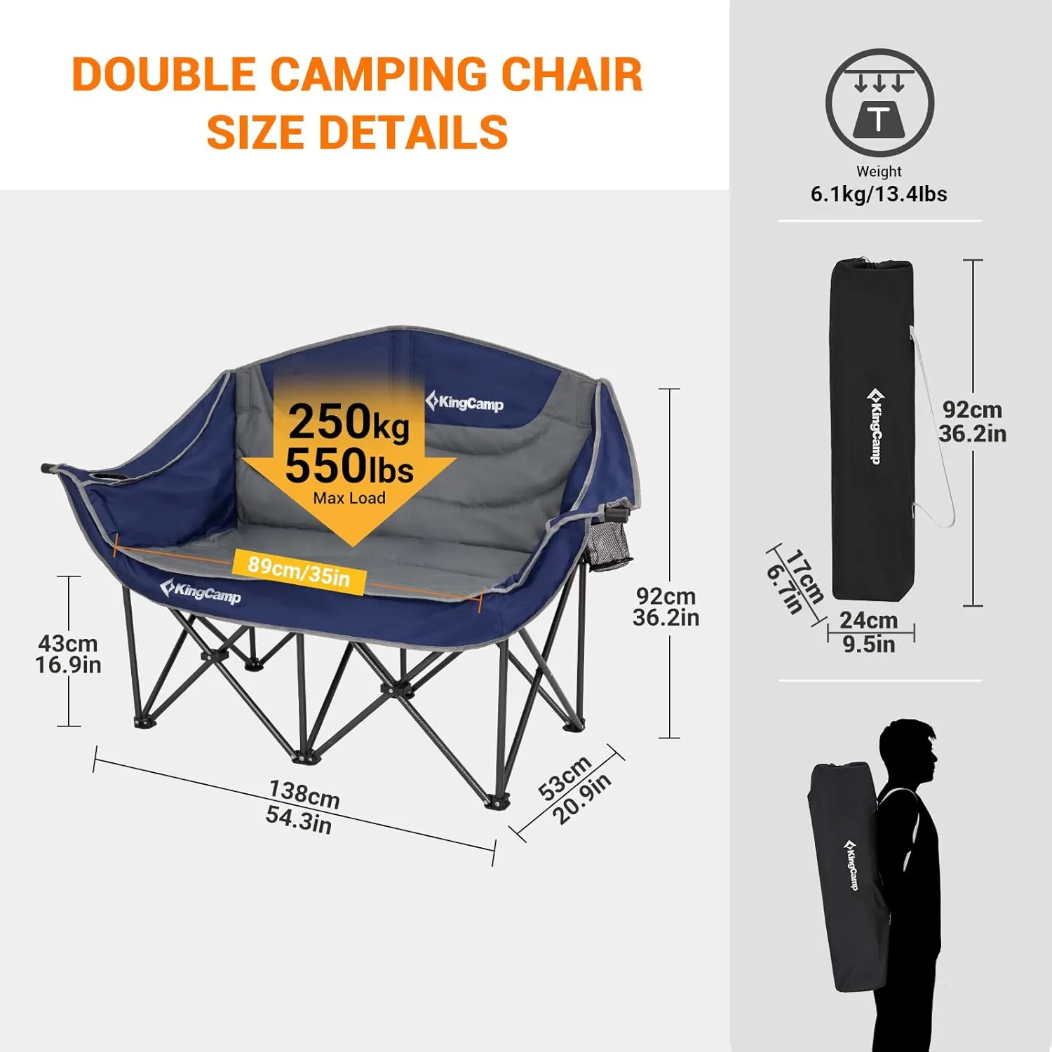 KingCamp Double Camping Chair, Oversized Heavy Duty Loveseat for Adults Portable Folding XL 2 Person Couch Padded Comfortable Two Seat with Cup Holder for Outdoor Lawn Backyard