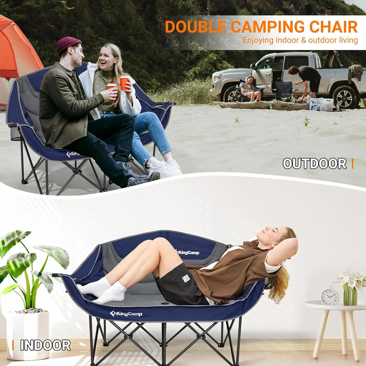 KingCamp Double Camping Chair, Oversized Heavy Duty Loveseat for Adults Portable Folding XL 2 Person Couch Padded Comfortable Two Seat with Cup Holder for Outdoor Lawn Backyard