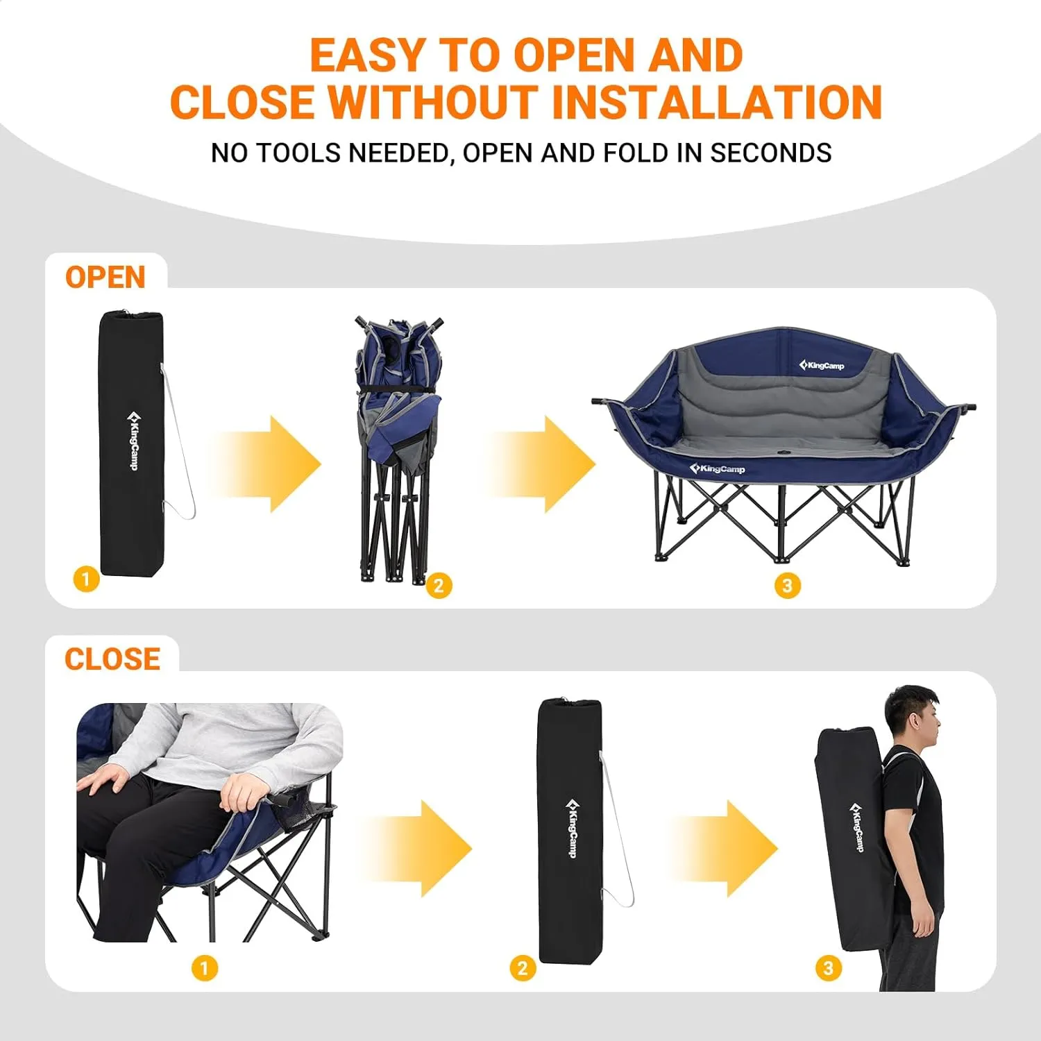 KingCamp Double Camping Chair, Oversized Heavy Duty Loveseat for Adults Portable Folding XL 2 Person Couch Padded Comfortable Two Seat with Cup Holder for Outdoor Lawn Backyard