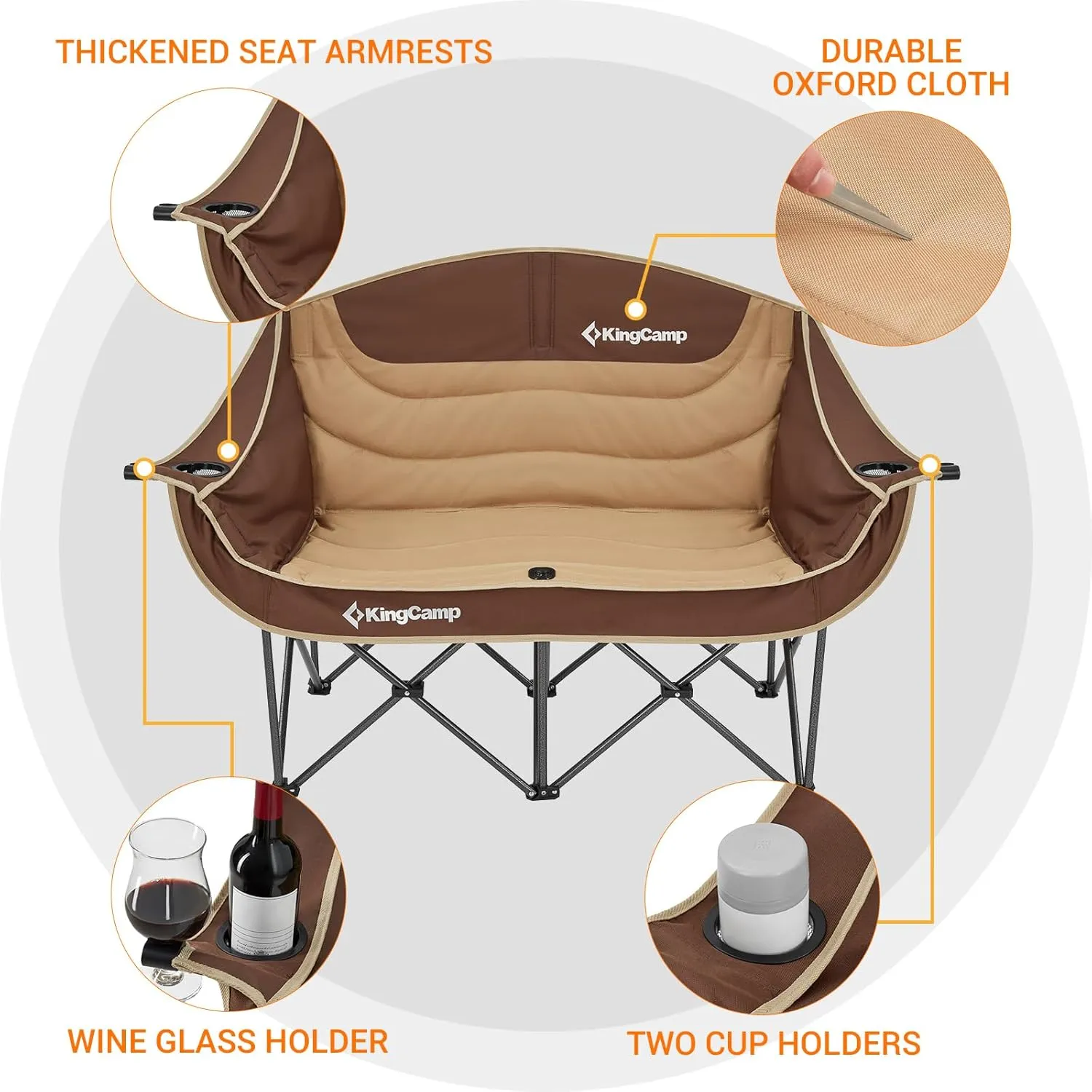 KingCamp Double Camping Chair, Oversized Heavy Duty Loveseat for Adults Portable Folding XL 2 Person Couch Padded Comfortable Two Seat with Cup Holder for Outdoor Lawn Backyard