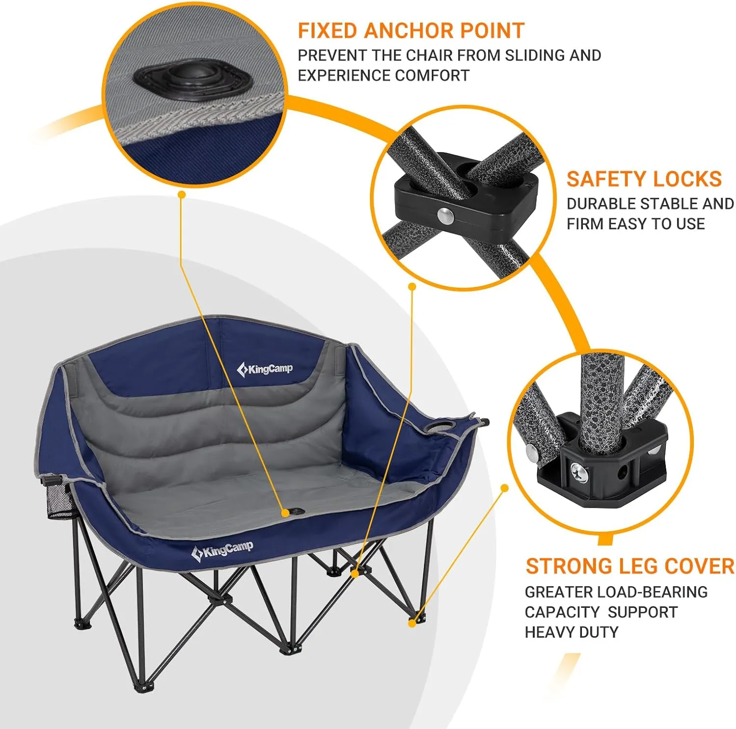 KingCamp Double Camping Chair, Oversized Heavy Duty Loveseat for Adults Portable Folding XL 2 Person Couch Padded Comfortable Two Seat with Cup Holder for Outdoor Lawn Backyard