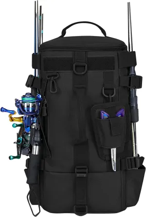 King'sGuard Fishing Backpack with Rod Holders Water-Resistant Fishing Tackle Bag Fishing Tackle Backpack for Fishing Gear and Equipment (Black)