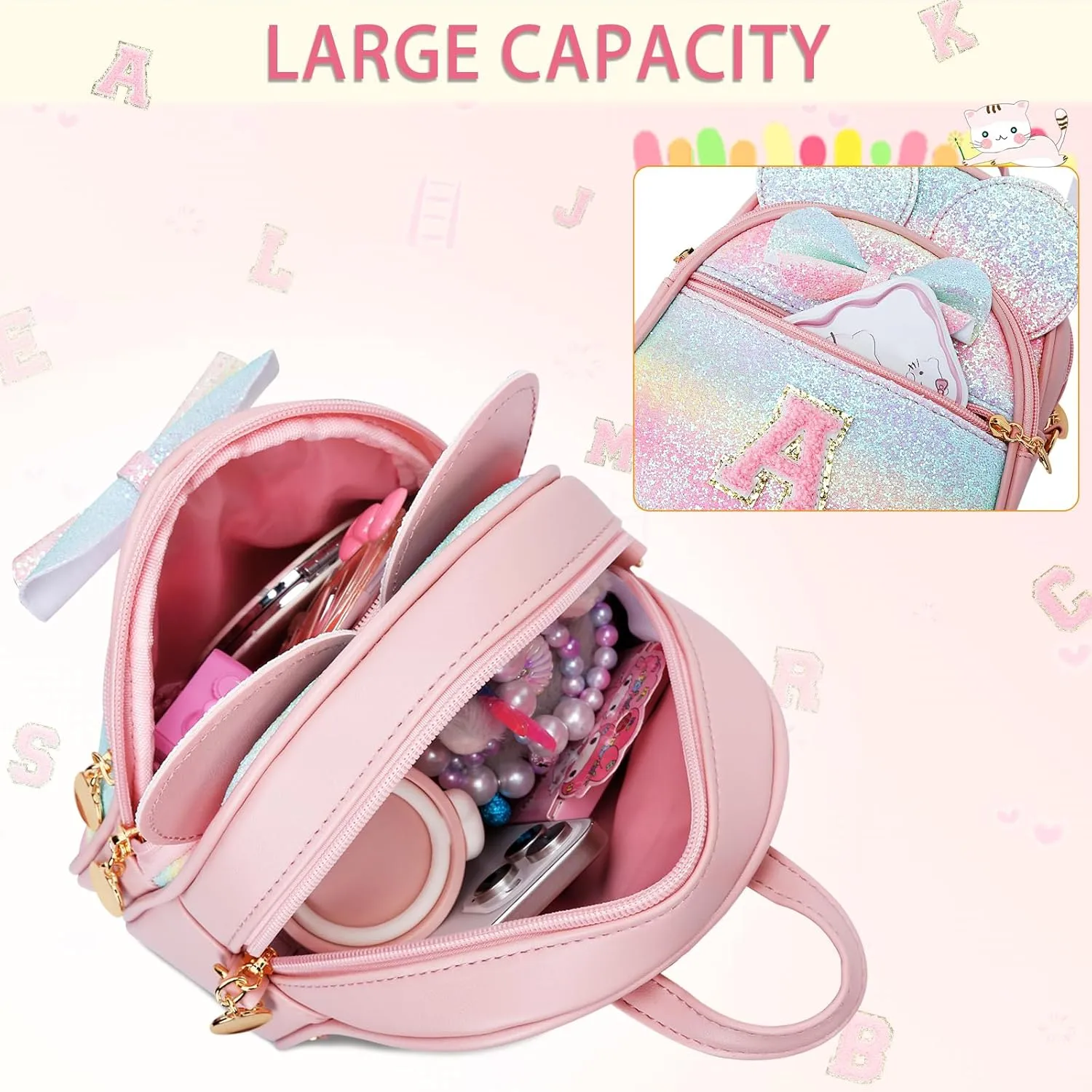 KKXIU Initial Bowknot Mini Backpacks for Girls Women, Small Cute Backpack Purse, Personalized Trendy Stuff Gifts for Toddler, Kids and Teen Girls(L, Rainbow)