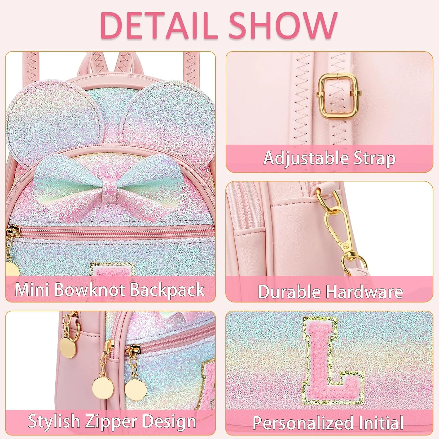 KKXIU Initial Bowknot Mini Backpacks for Girls Women, Small Cute Backpack Purse, Personalized Trendy Stuff Gifts for Toddler, Kids and Teen Girls(L, Rainbow)
