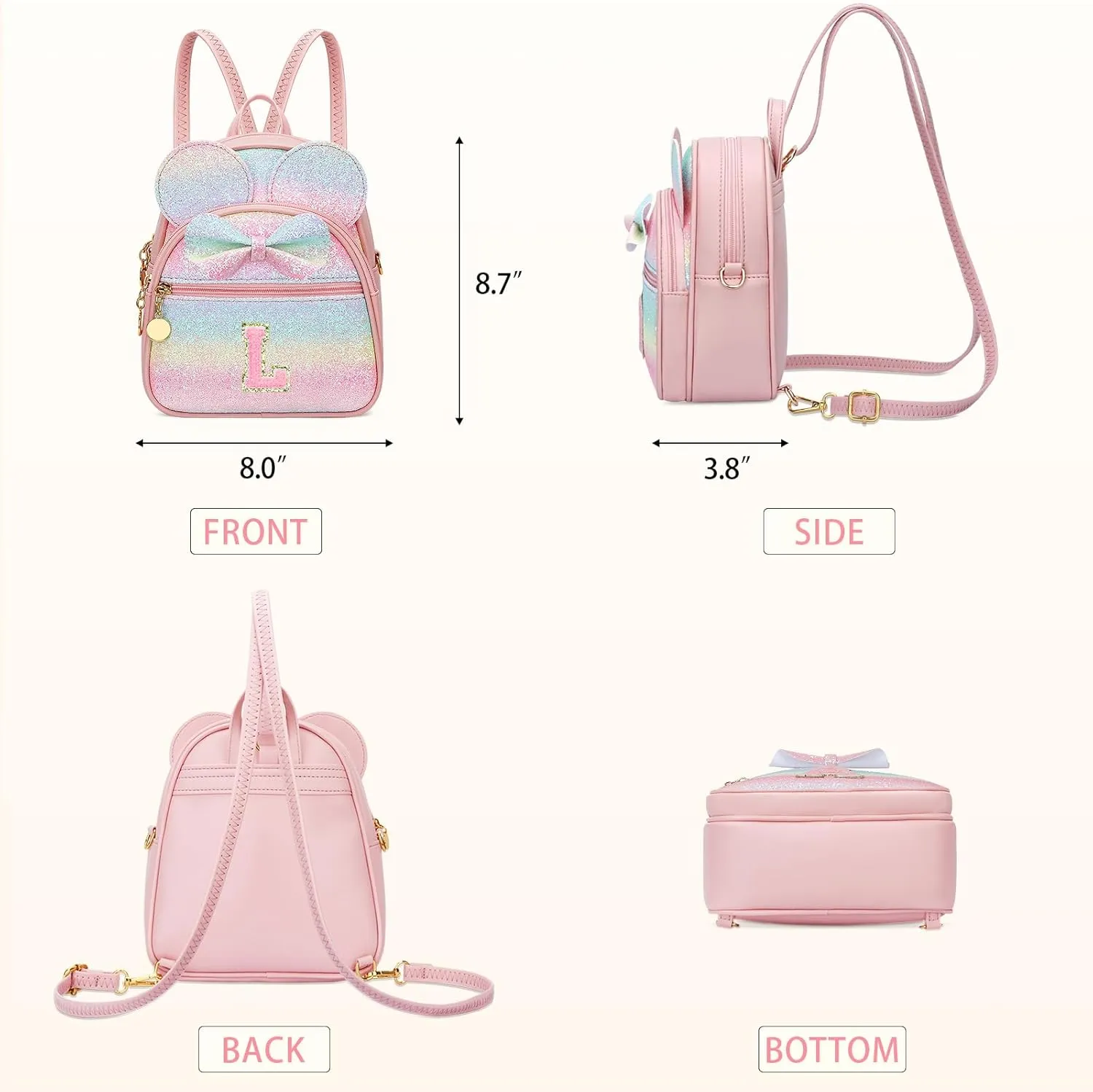KKXIU Initial Bowknot Mini Backpacks for Girls Women, Small Cute Backpack Purse, Personalized Trendy Stuff Gifts for Toddler, Kids and Teen Girls(L, Rainbow)