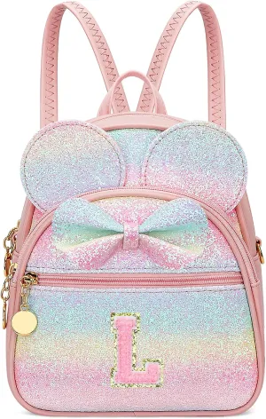 KKXIU Initial Bowknot Mini Backpacks for Girls Women, Small Cute Backpack Purse, Personalized Trendy Stuff Gifts for Toddler, Kids and Teen Girls(L, Rainbow)