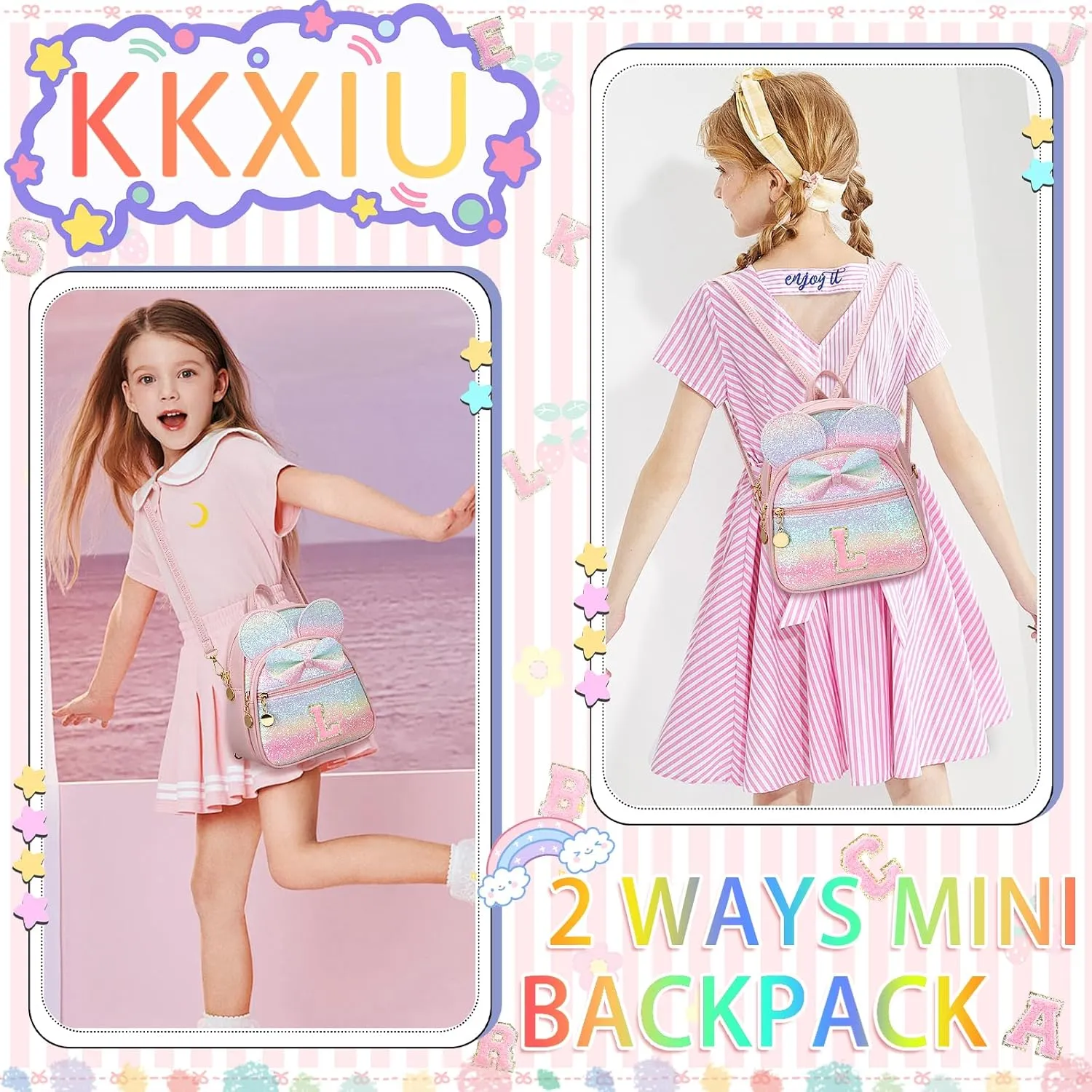 KKXIU Initial Bowknot Mini Backpacks for Girls Women, Small Cute Backpack Purse, Personalized Trendy Stuff Gifts for Toddler, Kids and Teen Girls(L, Rainbow)