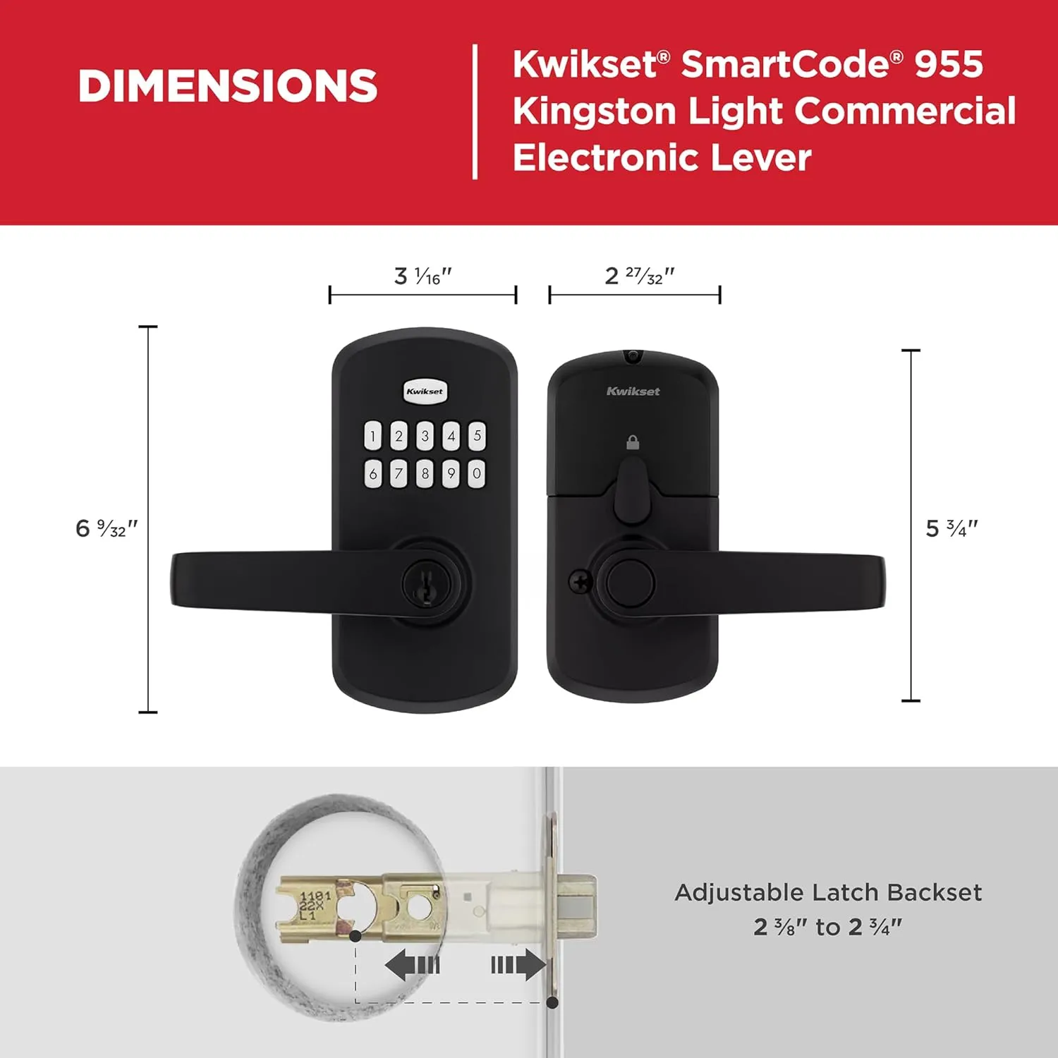 Kwikset SmartCode 955 Light Commercial 10-Button Keypad Matte Black Electronic Kingston Lever, Featuring Convenient Keyless Entry, 3-Year Battery Life and High Traffic Durability