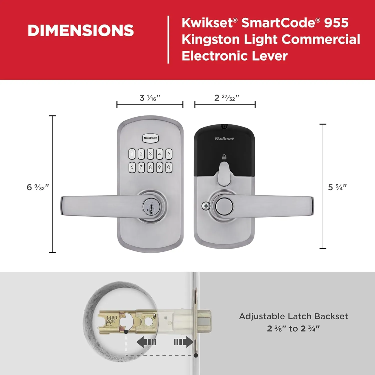 Kwikset SmartCode 955 Light Commercial 10-Button Keypad Satin Chrome Electronic Kingston Lever, Featuring Convenient Keyless Entry, 3-Year Battery Life and High Traffic Durability
