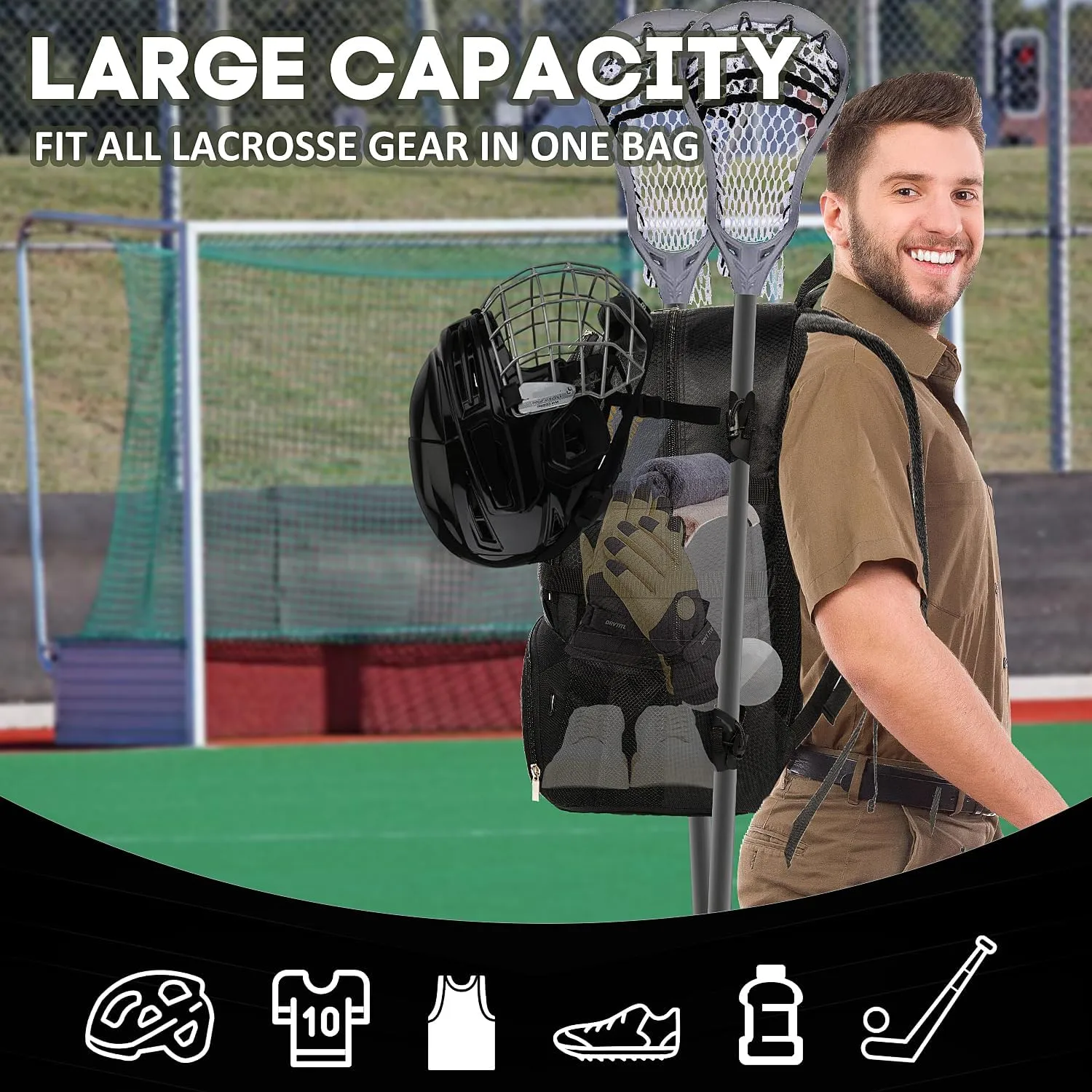Lacrosse Bag Backpack Holds Lacrosse & Field Hockey Equipment - Two Stick Holders, Separate Cleats Shoe Compartment