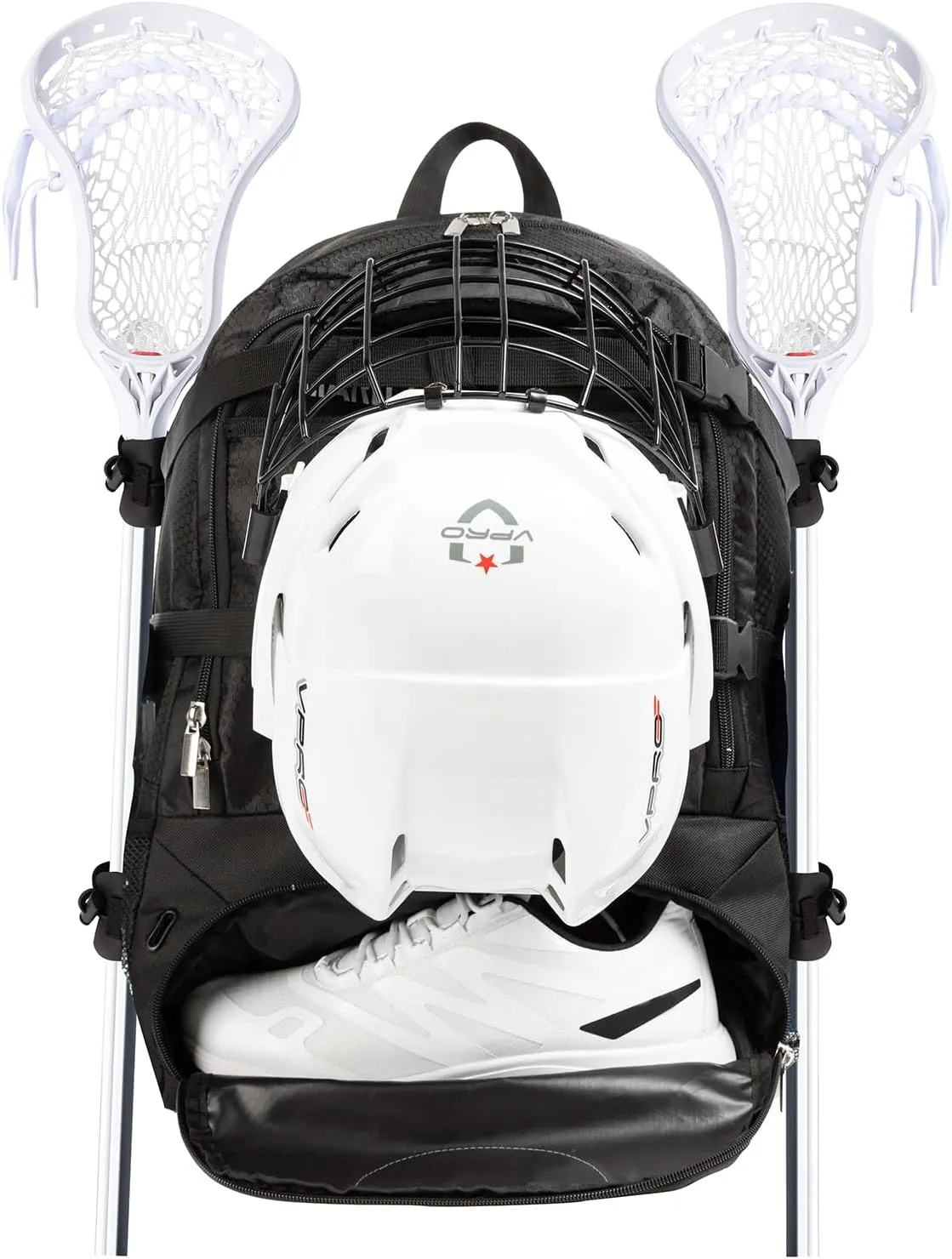 Lacrosse Bag Backpack Holds Lacrosse & Field Hockey Equipment - Two Stick Holders, Separate Cleats Shoe Compartment