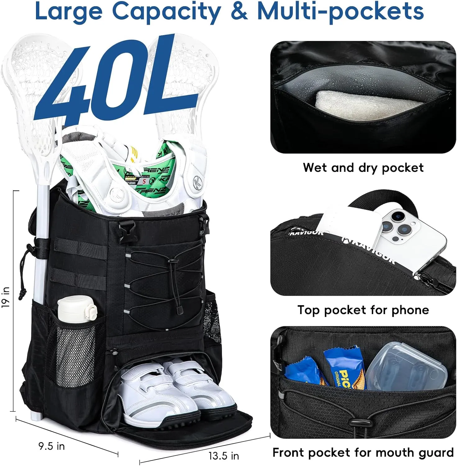 Lacrosse Bag for Kids and Youth, Lacrosse Backpack with Helmet Holder and Shoes Compartment, Waterproof Field Hockey Gears Bag for Boys & Girls