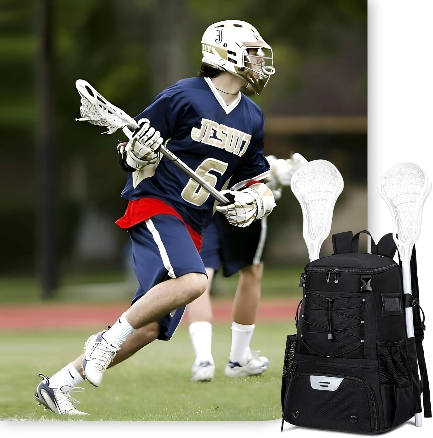 Lacrosse Bag for Kids and Youth, Lacrosse Backpack with Helmet Holder and Shoes Compartment, Waterproof Field Hockey Gears Bag for Boys & Girls