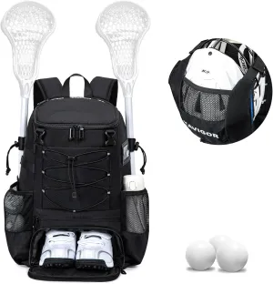 Lacrosse Bag for Kids and Youth, Lacrosse Backpack with Helmet Holder and Shoes Compartment, Waterproof Field Hockey Gears Bag for Boys & Girls