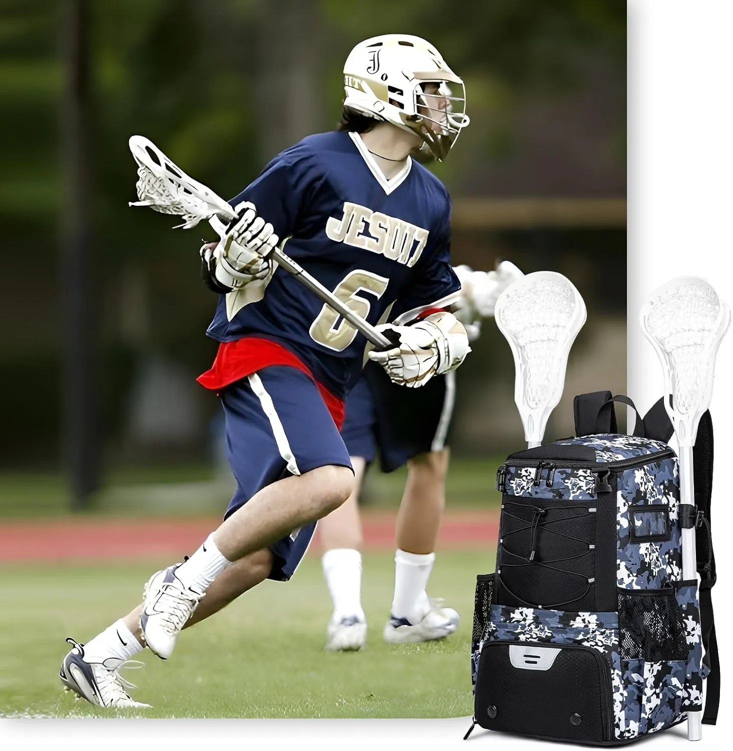 Lacrosse Bag for Kids and Youth, Lacrosse Backpack with Helmet Holder and Shoes Compartment, Waterproof Field Hockey Gears Bag for Boys & Girls