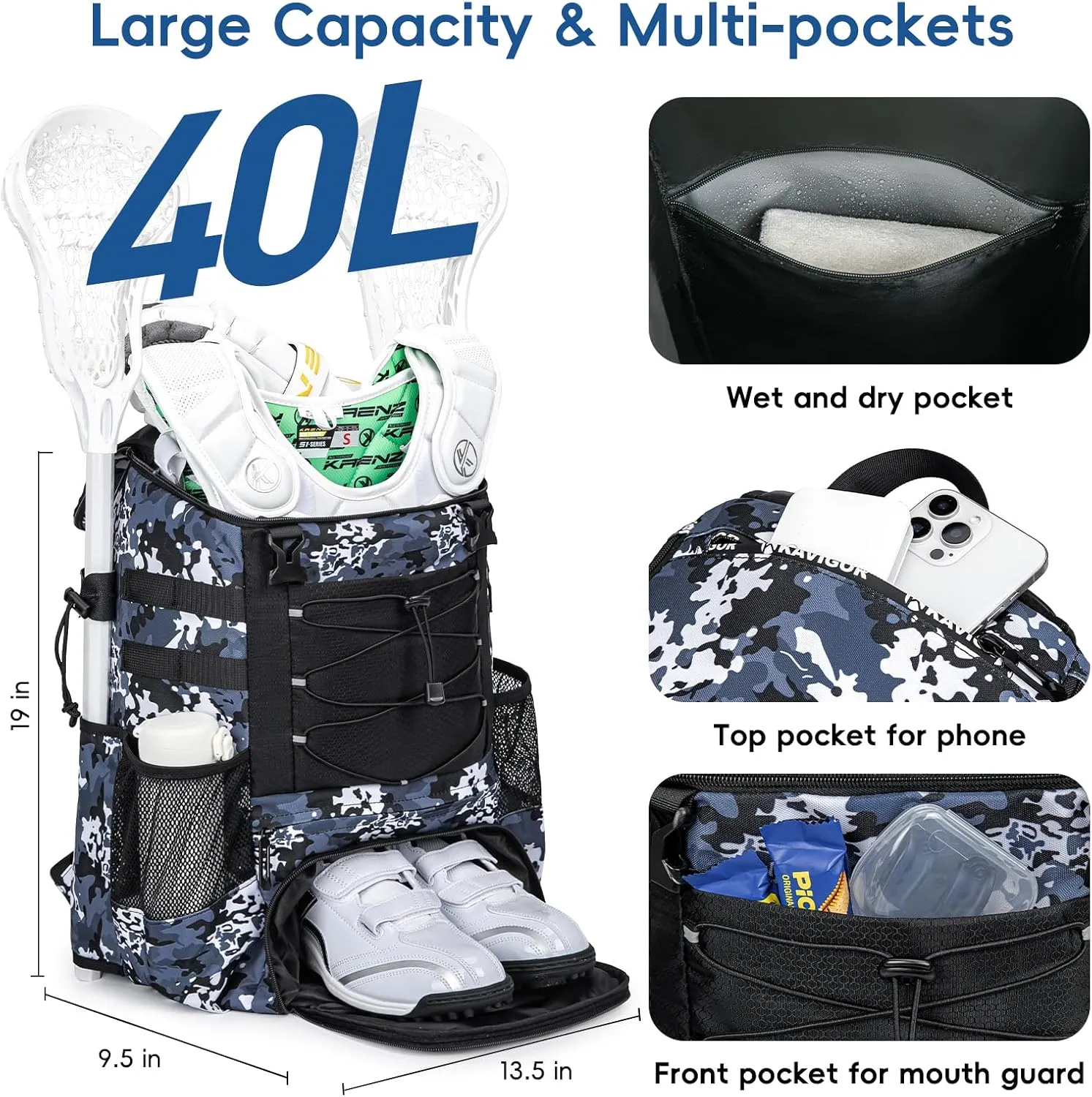 Lacrosse Bag for Kids and Youth, Lacrosse Backpack with Helmet Holder and Shoes Compartment, Waterproof Field Hockey Gears Bag for Boys & Girls