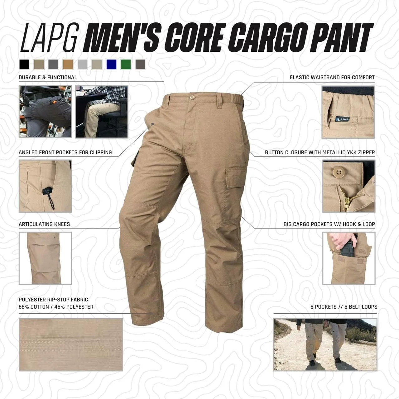 LAPG Men's Core Cargo Tactical Pants, Stretch Waistband, Lightweight & Durable Ripstop CCW Cargo Pants for Men