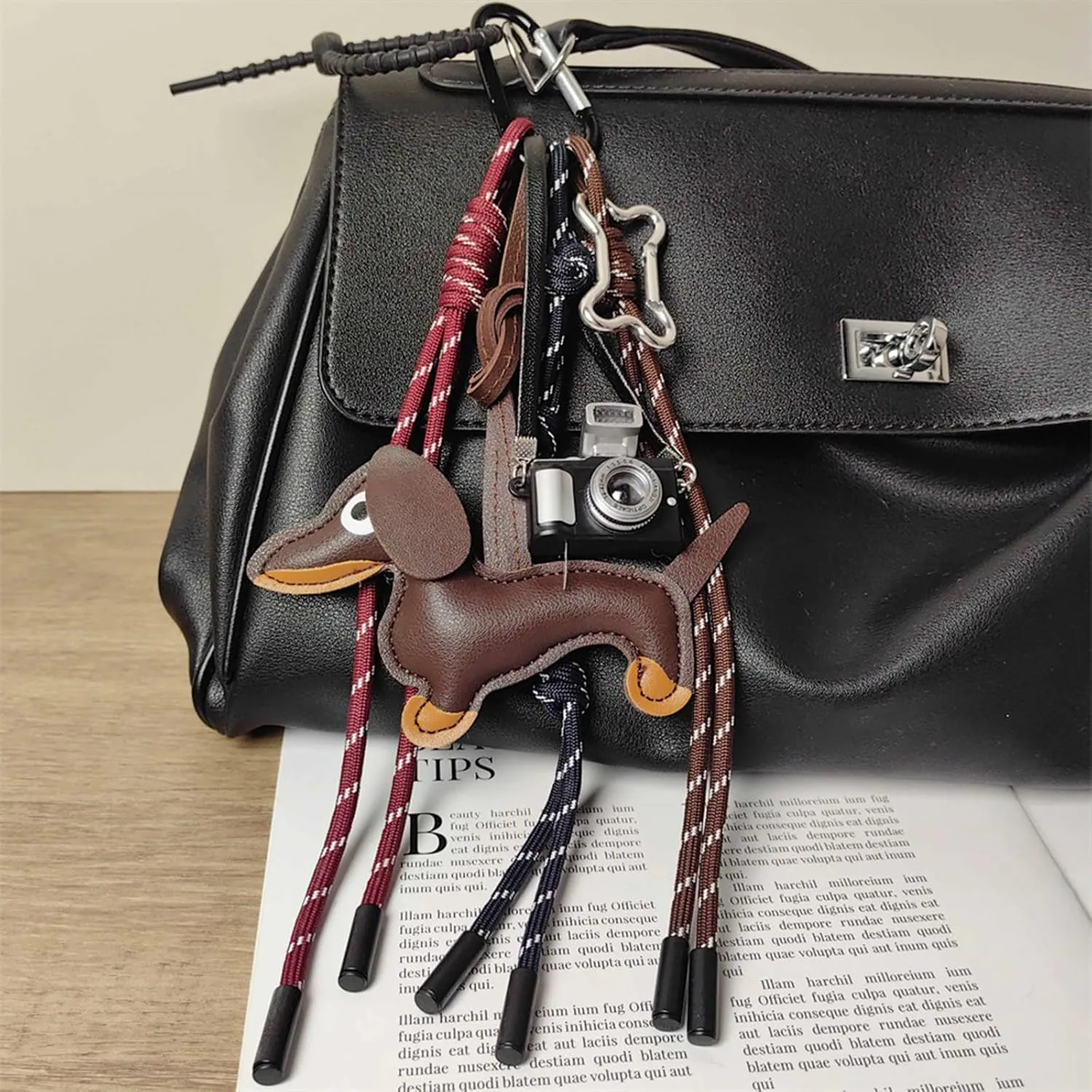 Leather Bag Charms Designer Dachshund Purse Charm Bow Camera Rope Keychains Y2k Backpack Handbag Accessories