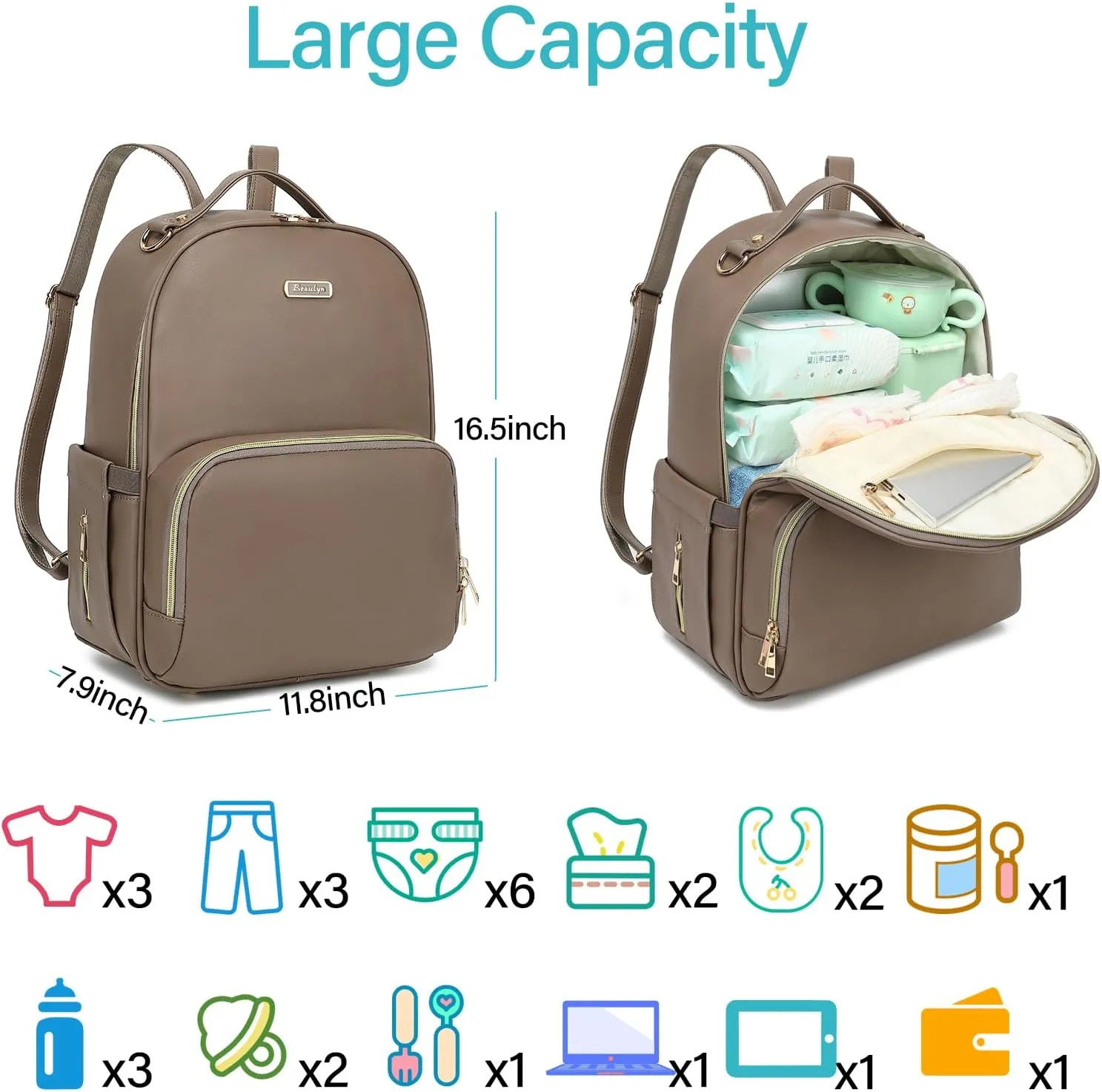 Leather Diaper Bag Backpack - Large Capacity Baby Essentials Travel Baby Bag with Changing Pad, Multi function Waterproof Baby Bag with Adjustable Shoulder Strap & Stroller Straps