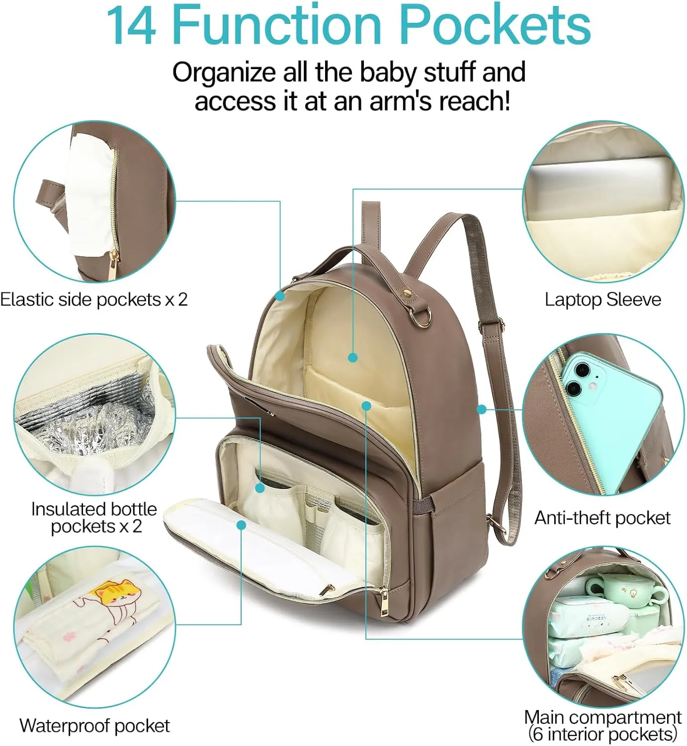 Leather Diaper Bag Backpack - Large Capacity Baby Essentials Travel Baby Bag with Changing Pad, Multi function Waterproof Baby Bag with Adjustable Shoulder Strap & Stroller Straps