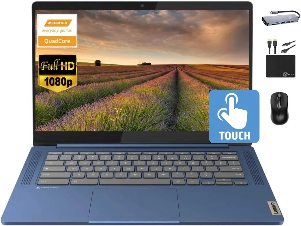 Lenovo Chromebook 14" Touchscreen Slim Laptop Business Student, 8-Core MediaTek Kompanio 520, 4GB RAM, 128GB Storage (64GB eMMC 64GB Card), WiFi 6, Long Battery, Chrome OS MarxsolAccessory