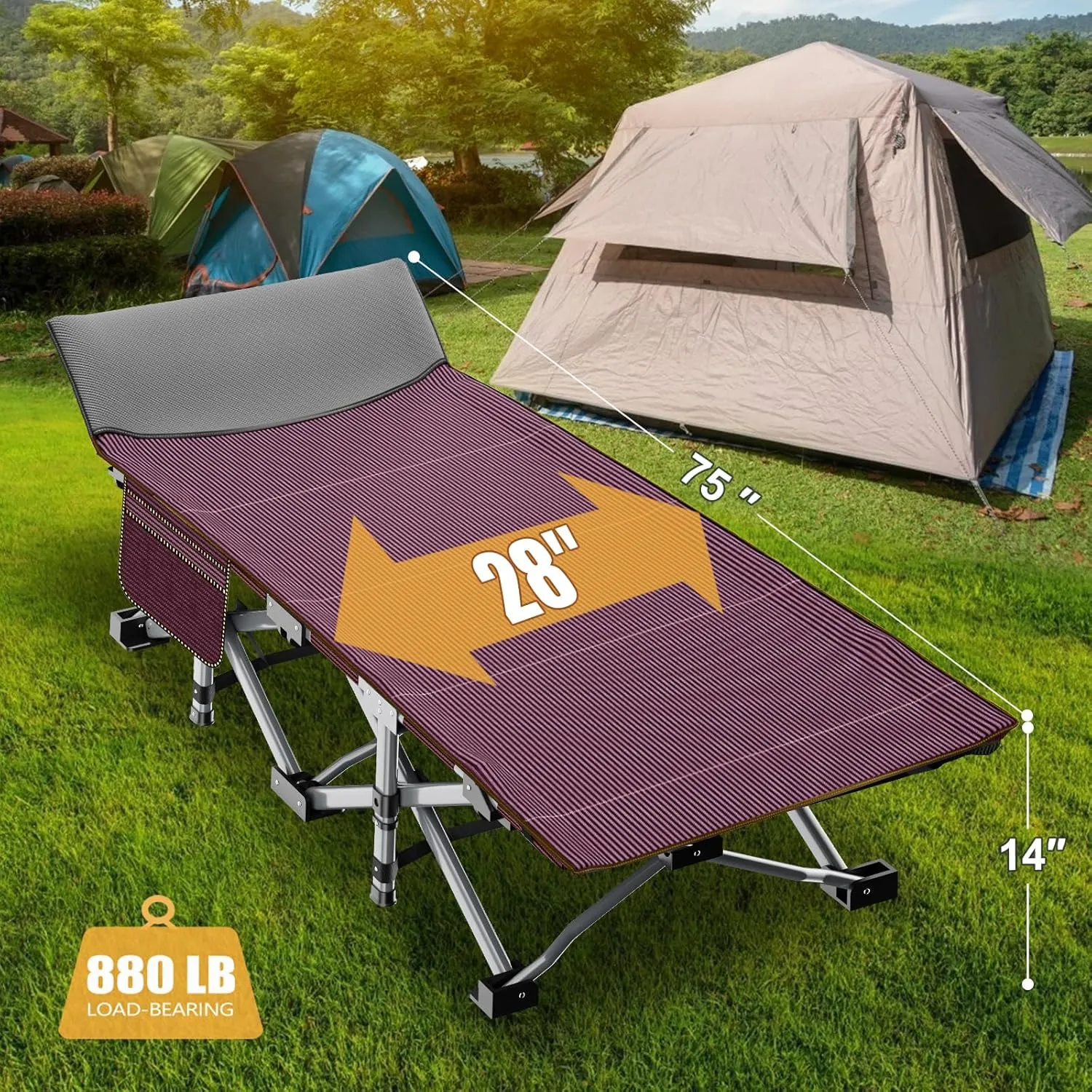 LILYPELLE Folding Camping Cot, Heavy Duty Sleeping Cots with Carry Bag, Double Layer Oxford Portable Travel Camp Cots for Home, Office Nap and Outdoor Beach