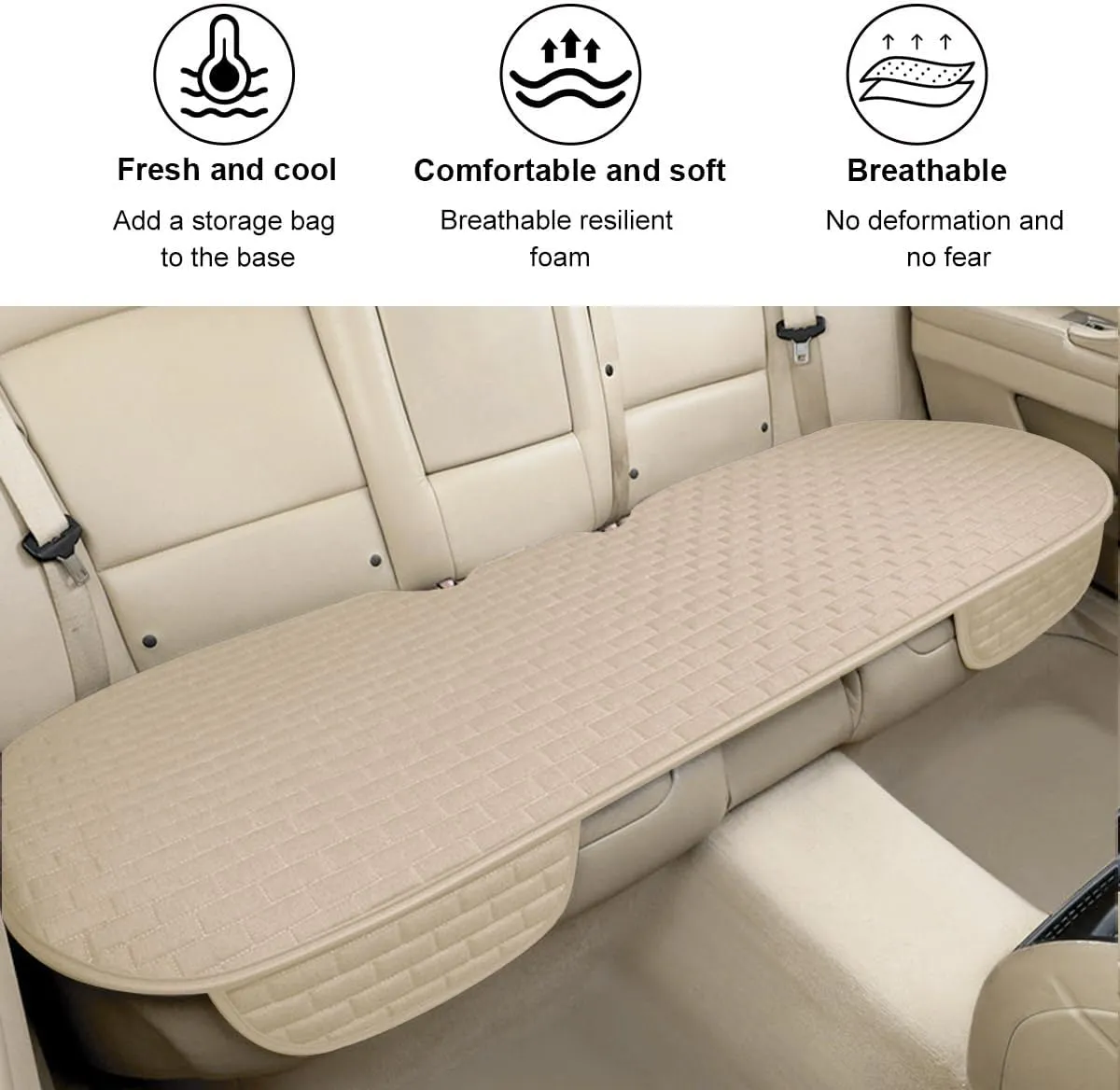 Linen Back Car Seat Cover, Anti-Slip Long Bottom Rear Seat Cover Protector with Storage Pockets, Breathable Linen Rear Bench Seat Protector Cushion Pad for Most Vehicles (Beige)