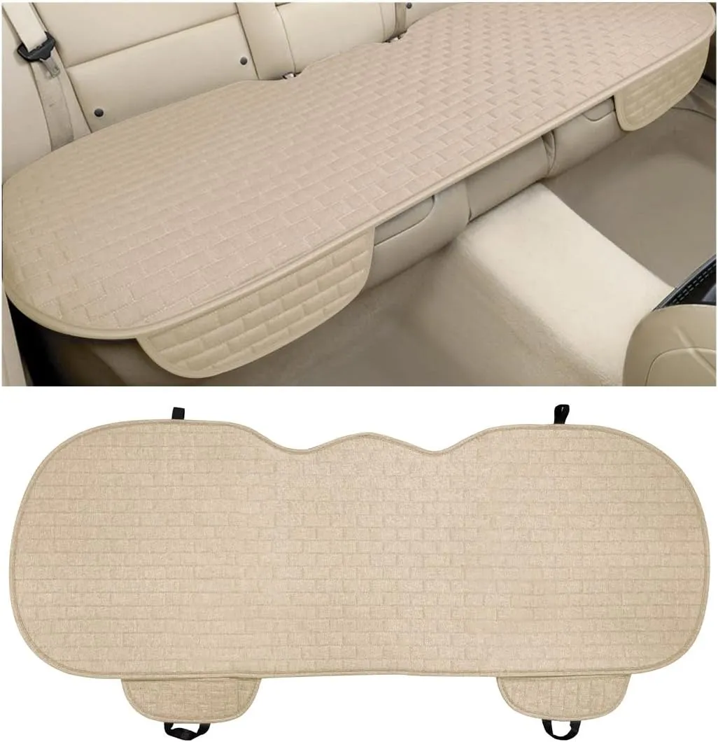 Linen Back Car Seat Cover, Anti-Slip Long Bottom Rear Seat Cover Protector with Storage Pockets, Breathable Linen Rear Bench Seat Protector Cushion Pad for Most Vehicles (Beige)