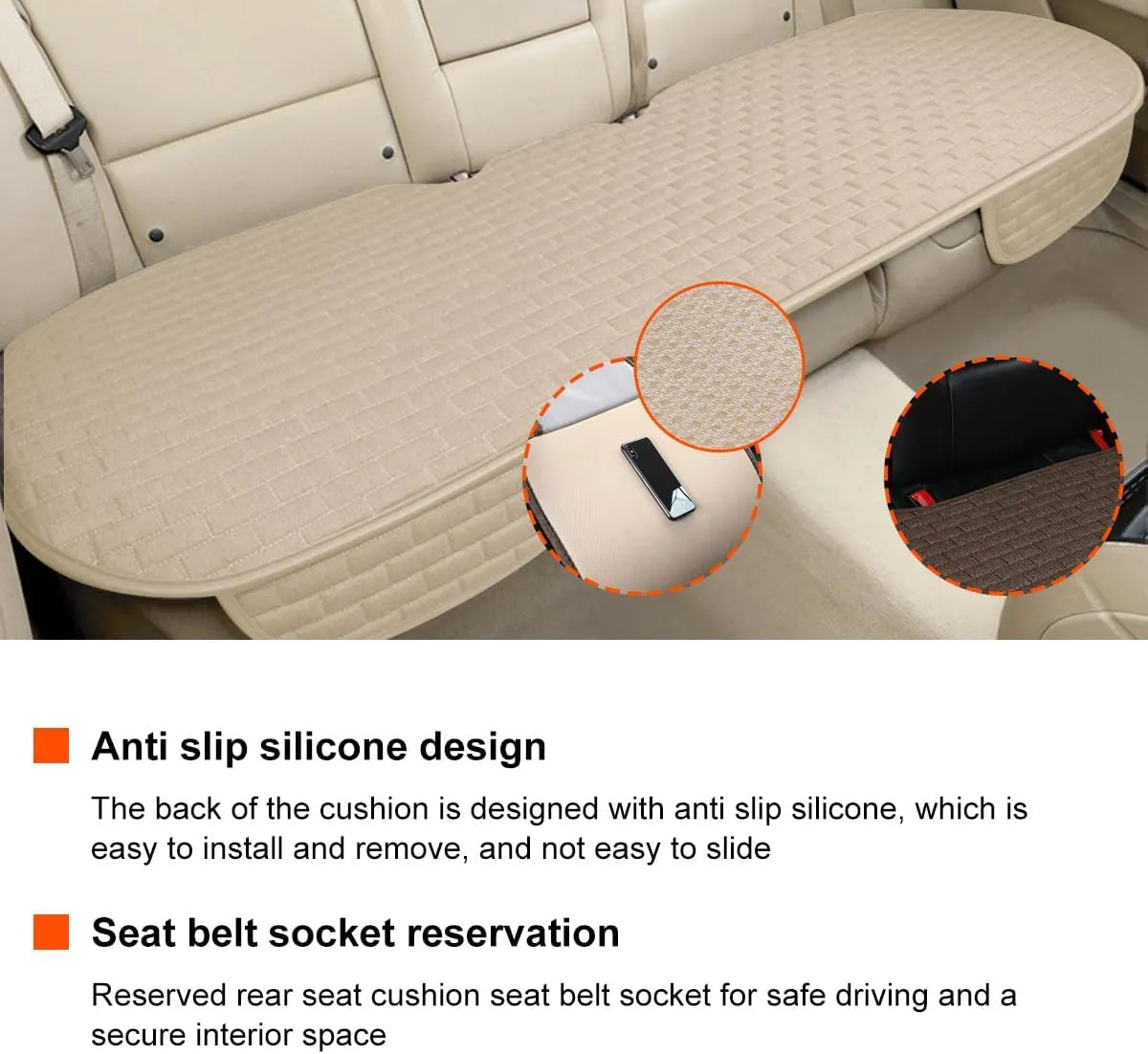 Linen Back Car Seat Cover, Anti-Slip Long Bottom Rear Seat Cover Protector with Storage Pockets, Breathable Linen Rear Bench Seat Protector Cushion Pad for Most Vehicles (Beige)