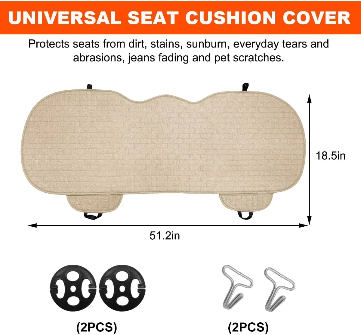 Linen Back Car Seat Cover, Anti-Slip Long Bottom Rear Seat Cover Protector with Storage Pockets, Breathable Linen Rear Bench Seat Protector Cushion Pad for Most Vehicles (Beige)