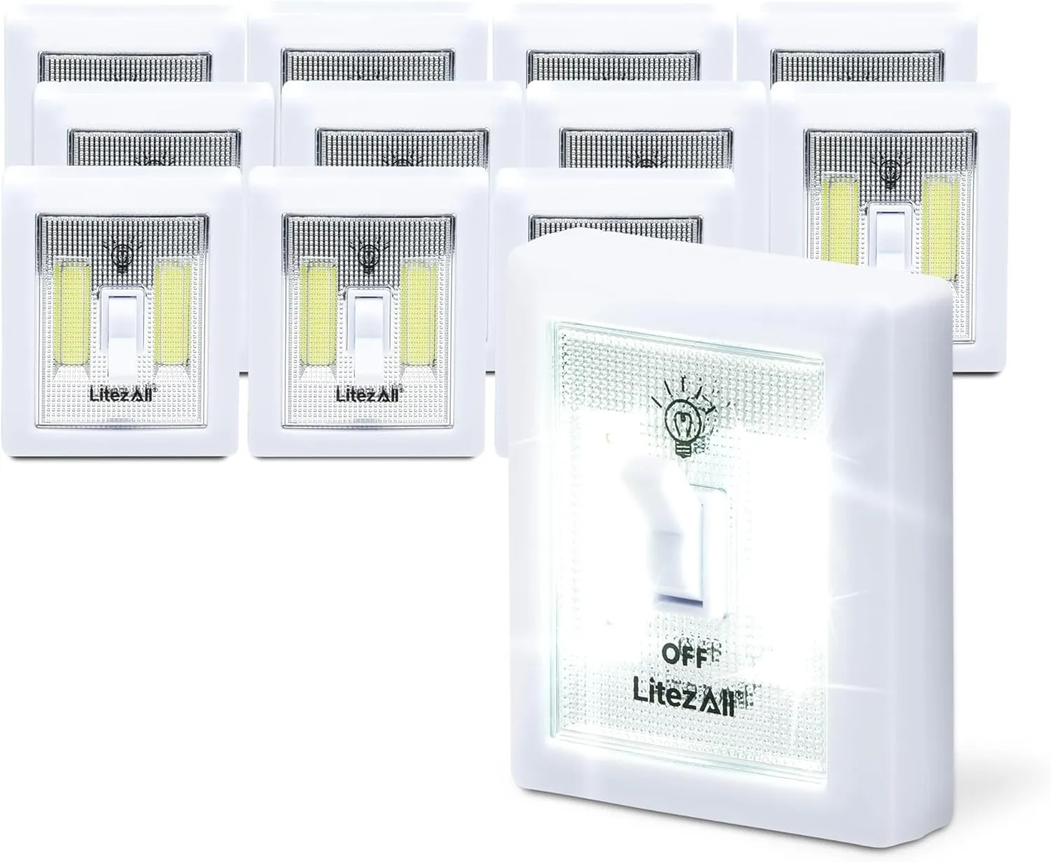 LitezAll COB LED Light Switch Night Light, 12-Pack 200 Lumen Wireless Battery Operated Wall Lights, Stick-On Switch Lights for Closets, Cabinets, Hallways, Garage, Gifts for Men – Batteries Included
