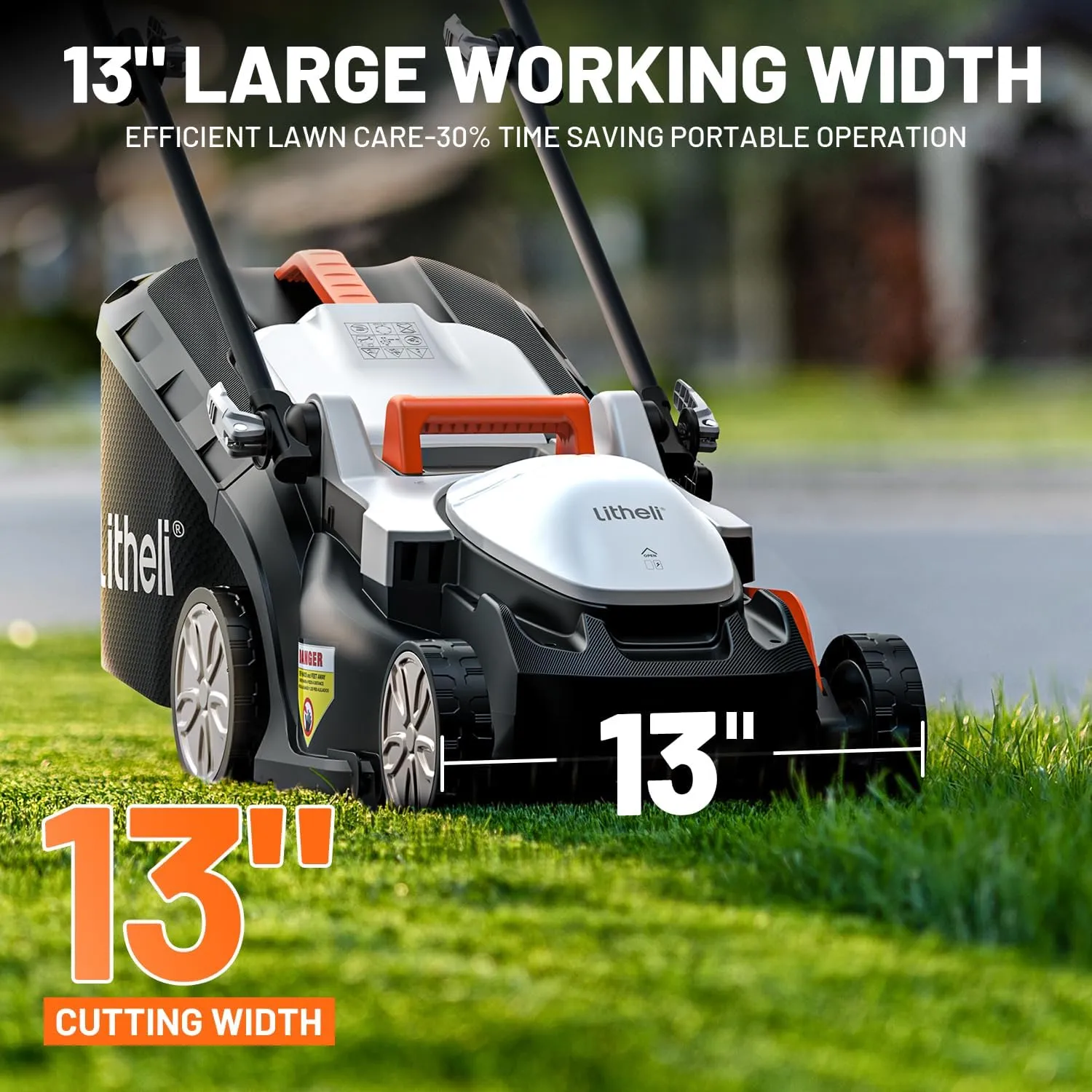 Litheli Electric Lawn Mower Cordless,Grass Cutter Machine for 1600 Sq.Ft.Lawnmower with Motor,13 in Cutting Width,8 Gallon Capacity,Cutting Height from 1 to 2.5 in（Include 4.0 Battery）