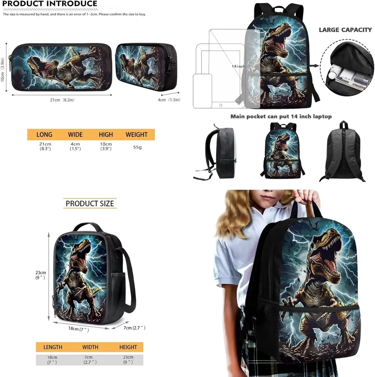 Lotusorchid 3D Dinosaur School Bag for Boys 10-12, Cool Kids Bookbag with Lunch Bag Pencil Case, Students Knapsack with Zipper Pocket, 3PCs School Backpacks Set for Elementary School, Blue and Green